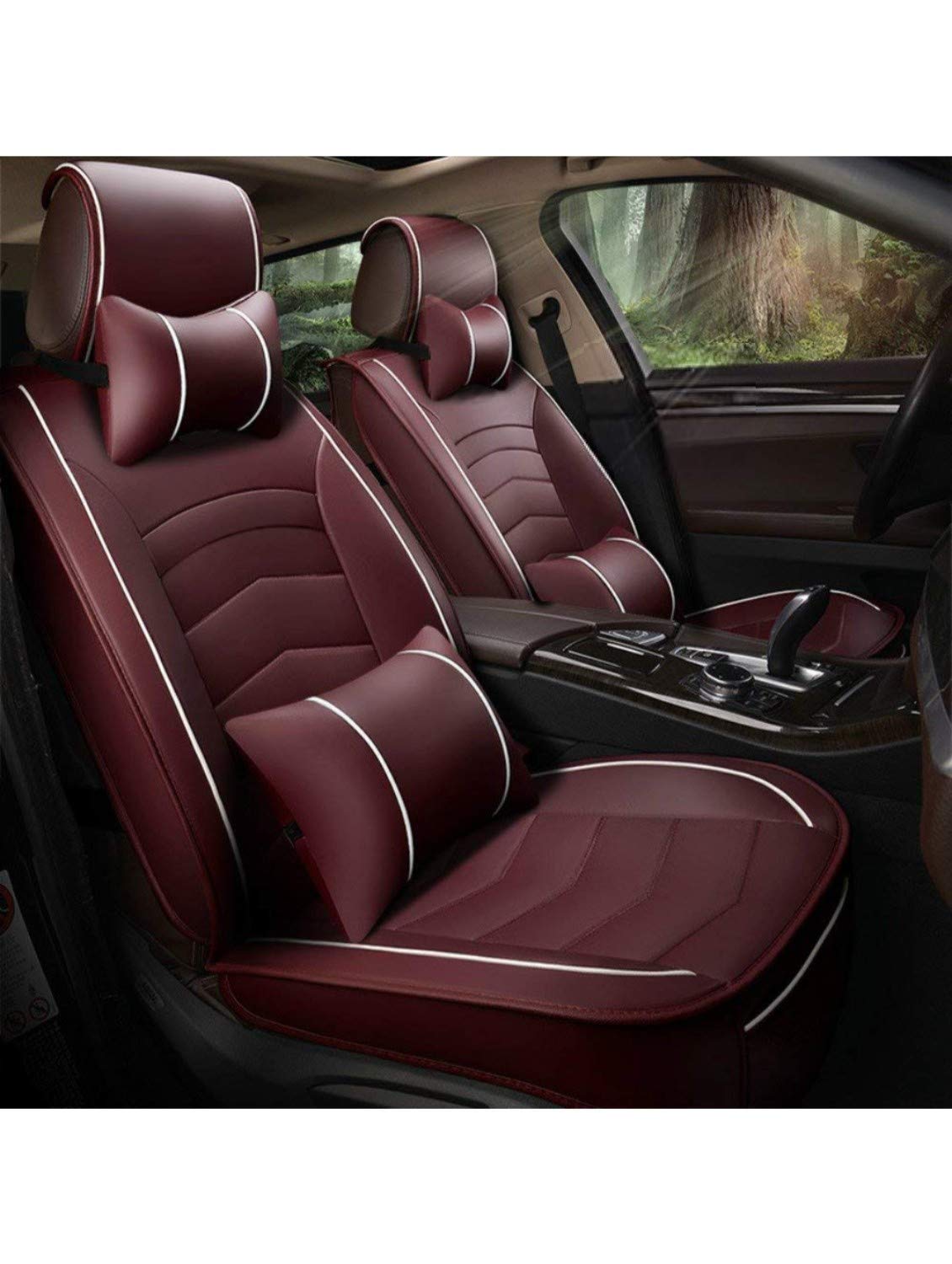 Hi Art Leatherette Custom Fit Front and Rear Car Seat Covers Compatible with Hyundai Aura, (Maroon  White)