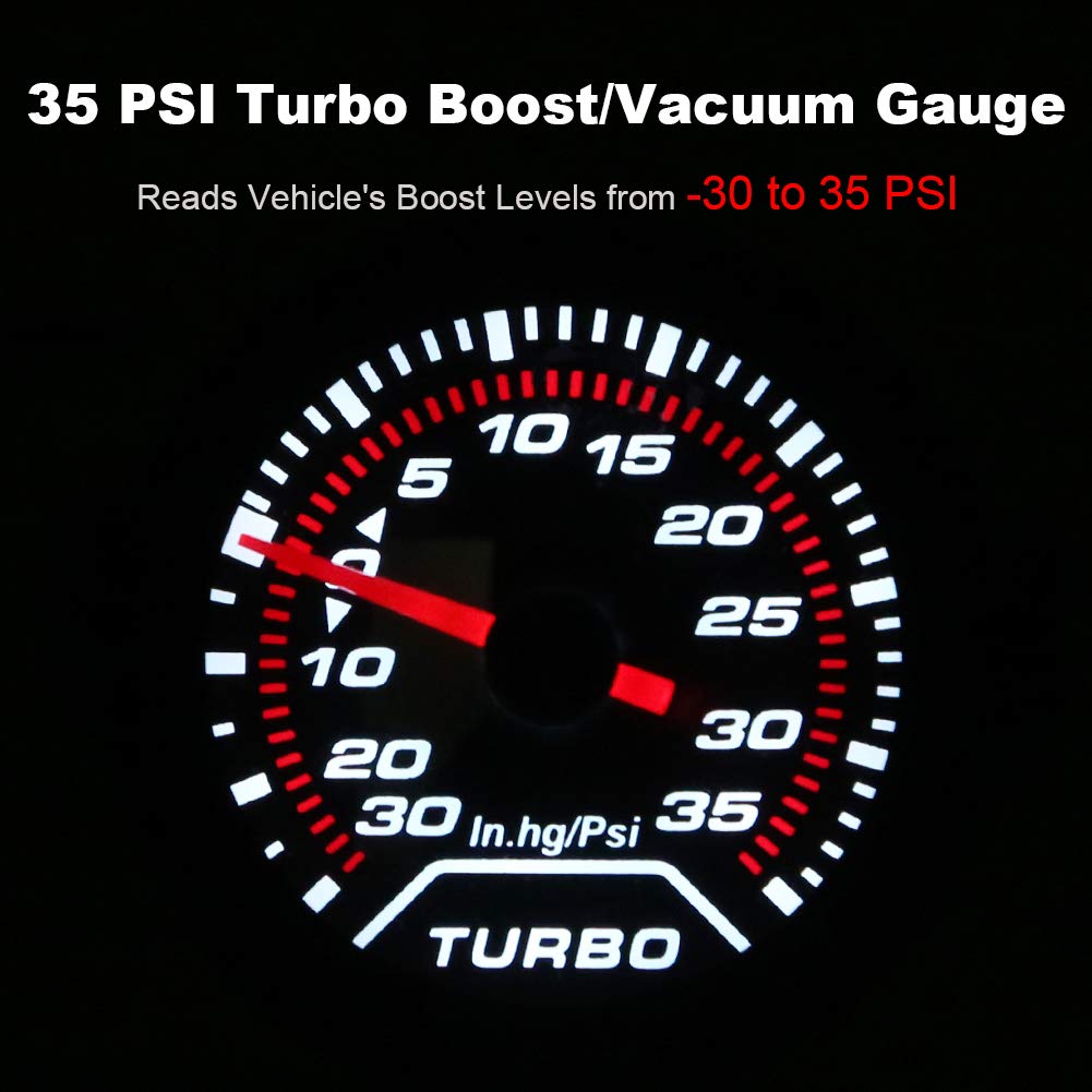 WATERWICH 35 PSI Turbo Boost/Vacuum Gauge Kit - 2" Black Dial, Clear Lens, Includes Hose & T-Fitting for Car/Truck
