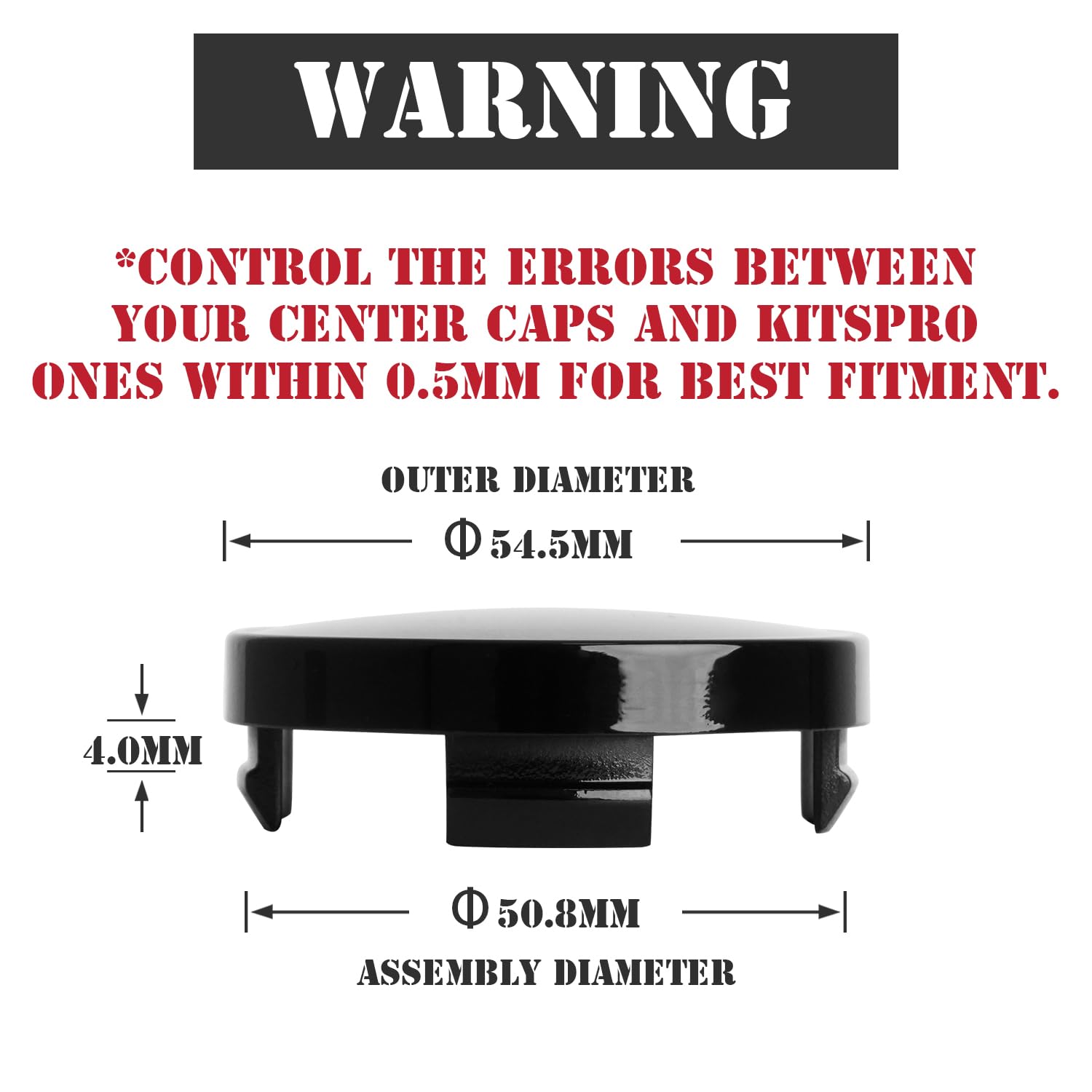 KitsPro Wheel Center Caps - 55MM for Ford Edge/Escape/Focus/Fusion, Gloss Black, Plastic, Pack of 4, Model KP00039WCC-1