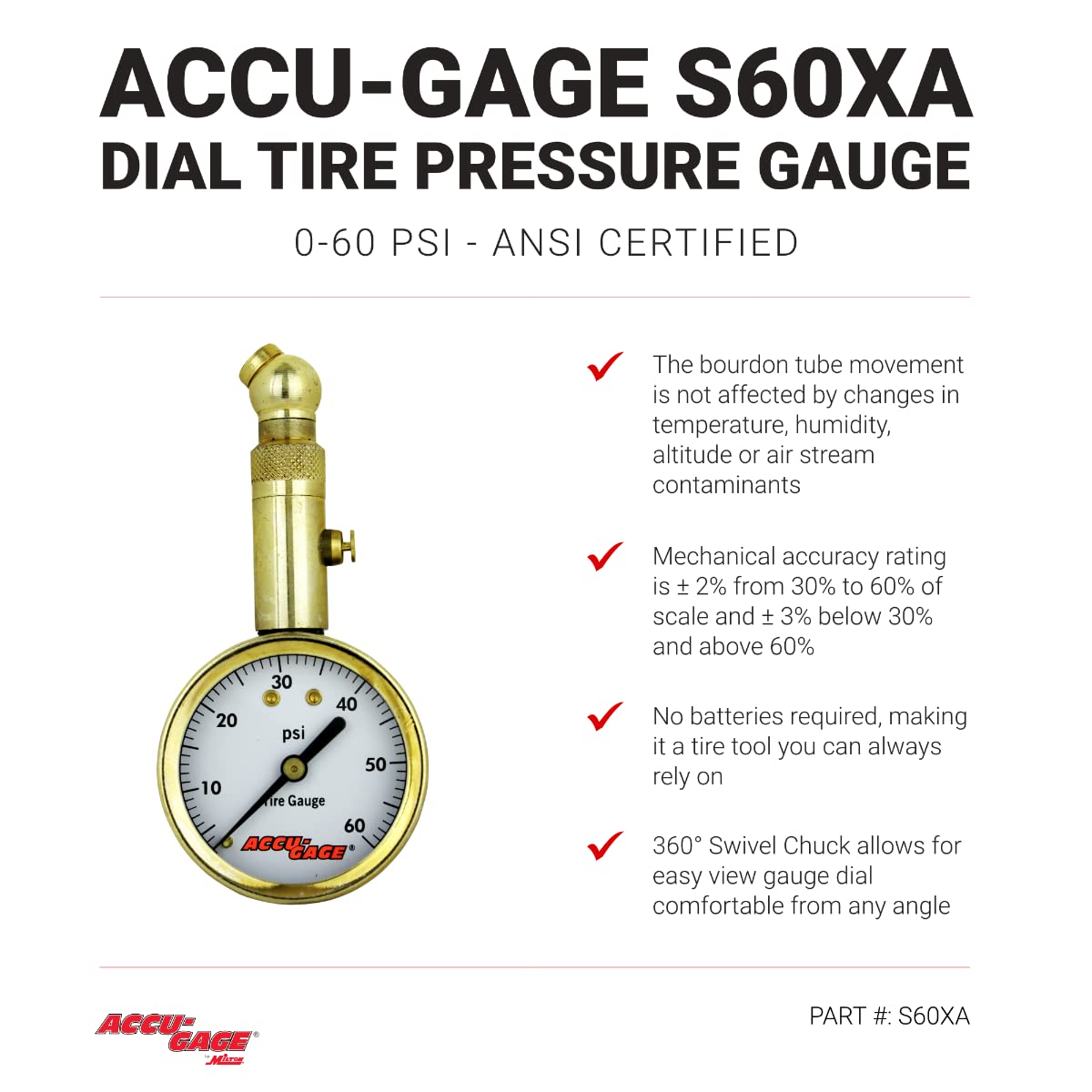 Accu-Gage Dial Tire Pressure Gauge - ANSI Certified, Swivel Angle Air Chuck, Steel/Brass, 0-60 PSI, Ideal for Motorcycle/Car/Truck Tires