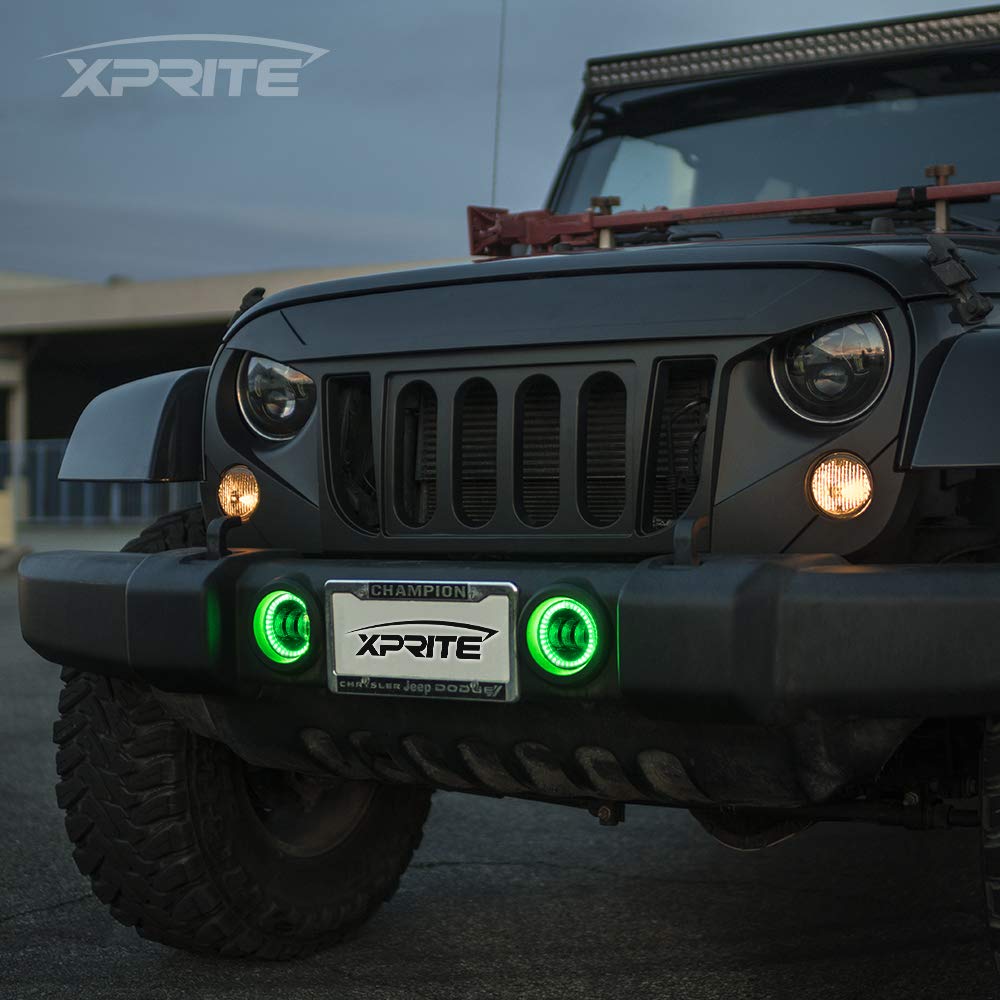 Xprite Fog Lights W/Green Halo Ring Angle Eye Drl, 4 Inch Foglights Compatible With 07-18 Jeep Wrangler Jk, 60W Led Front Bumper