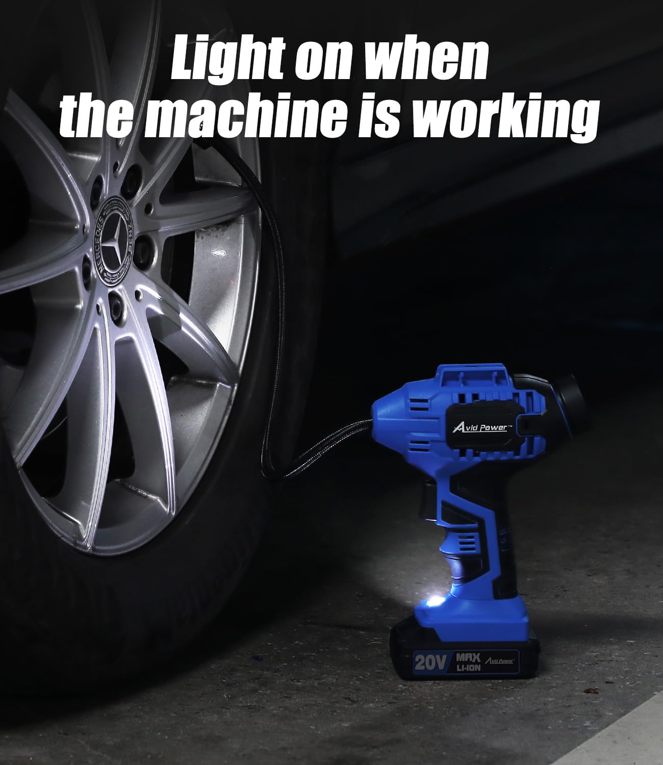 AVID POWER 20V Cordless Tire Inflator with Digital Pressure Gauge, 12V Car Adapter, Portable Air Pump - Blue, Model ACAP115D-B