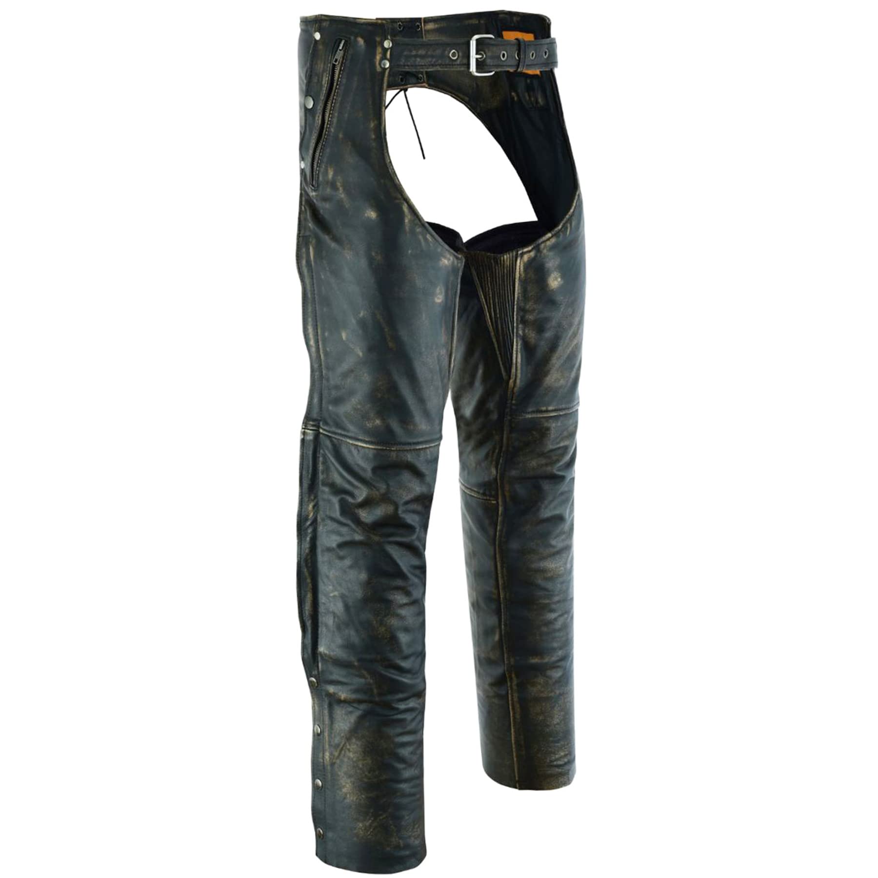 Dream Apparel Mens Motorcycle Riding Chaps, Large, Brown, Distressed Naked Cowhide Leather, Model DA-C4334-12N-L, 4 Pockets