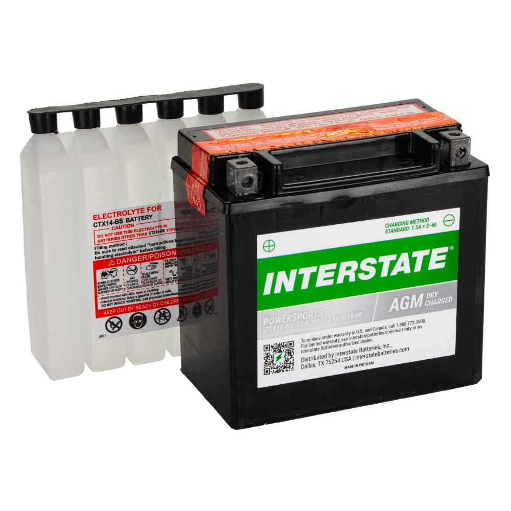 Interstate Batteries YTX14-BS 12V 12Ah AGM Powersports Battery for Motorcycles, ATVs, UTVs, Scooters, Snowmobiles - 200CCA Rechargeable