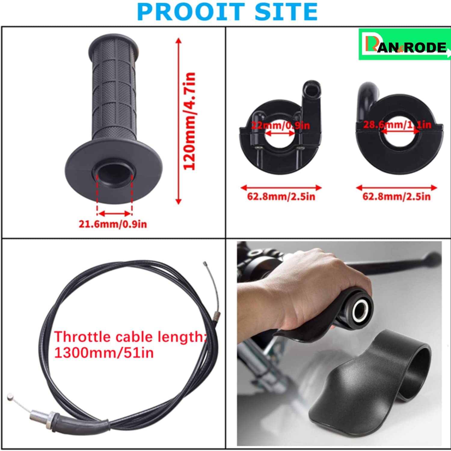 Ran&Rode Mini Bike Throttle Assembly - Black Twist Throttle for Coleman 200cc, Thermoplastic Rubber, Handlebar Replacement