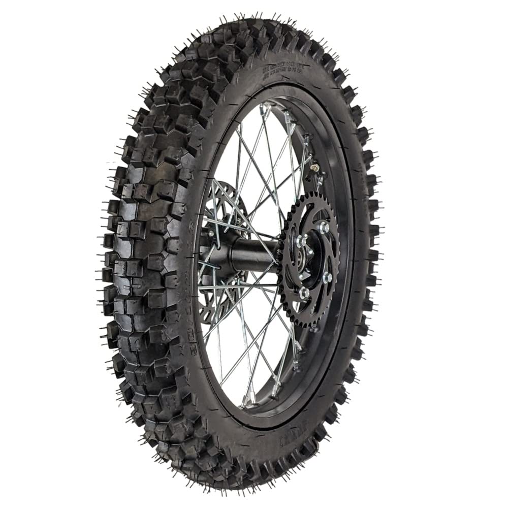 RedCap 16" Rear Wheel Tire Assembly with Brake Rotor & Sprocket for 90/100-16 Dirt Pit Bikes - Black Stainless Steel