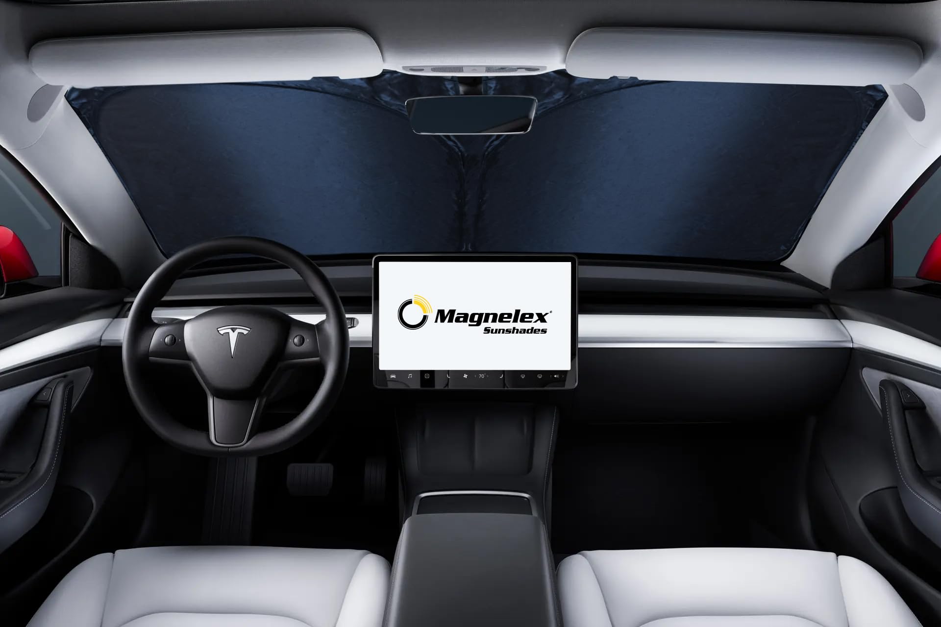 Magnelex Tesla Windshield Sunshade For Model 3 / Model Y | Reflective 240T Material Car Sun Visor With Mirror Cut-Out. Tesla Model 3 Sunshade And Tesla Model Y Sunshade | Foldable Sun Shield For Tesla