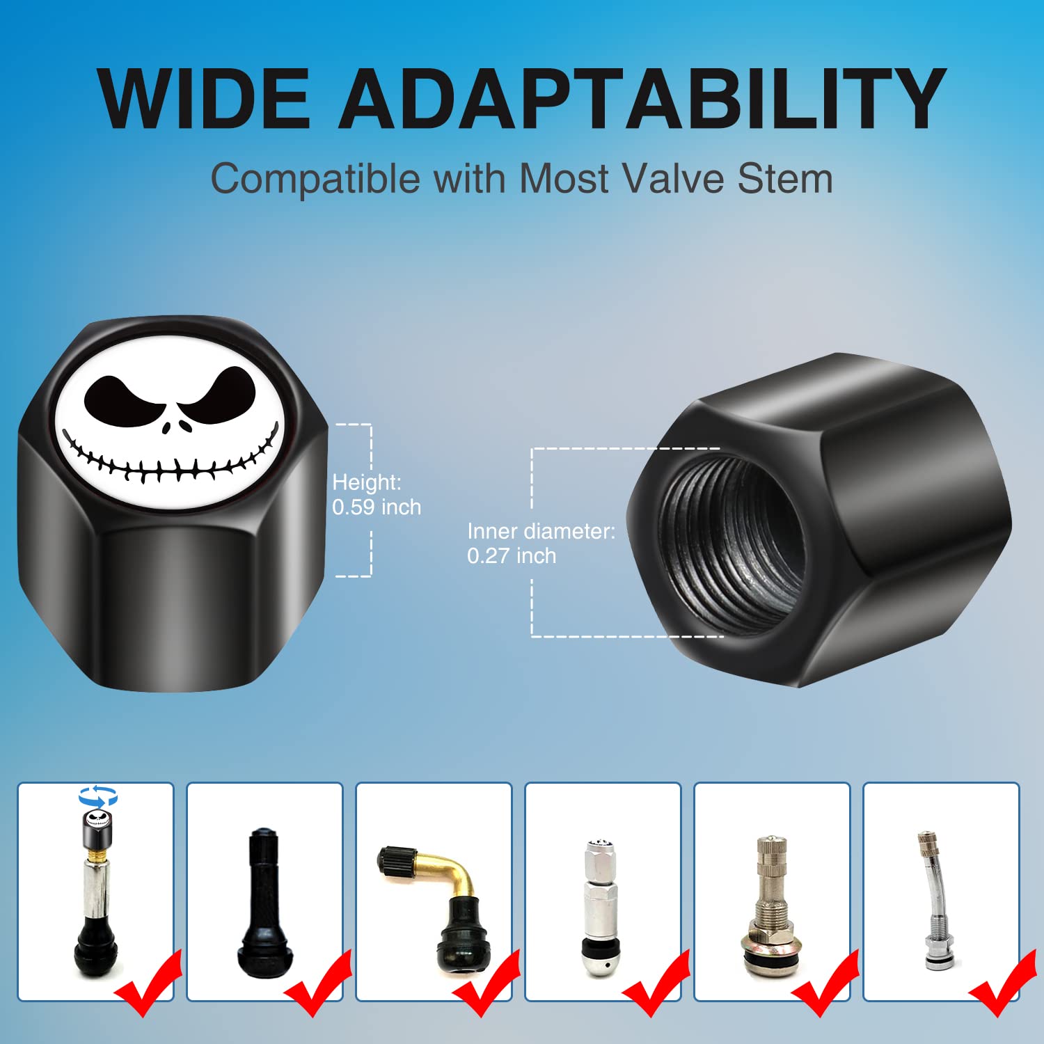 Akkya Tire Valve Stem Caps Cover For Car Bike Bicycle Motorcycles Tractors Mountain Bikes Trucks Jack Skellington Cartoon Anime