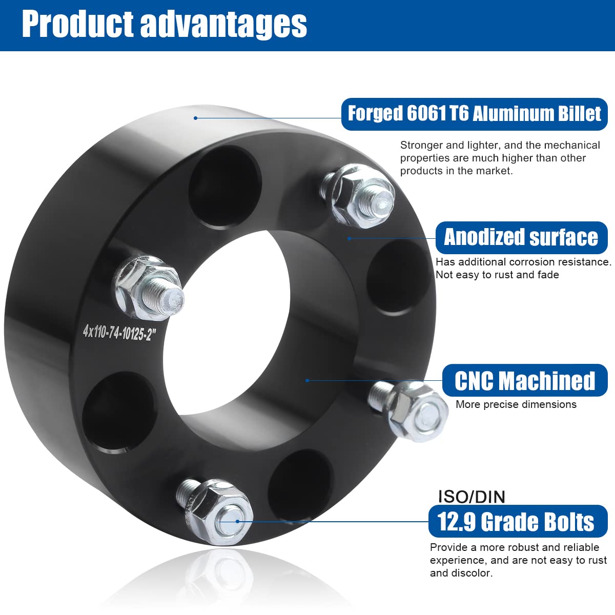 GAsupply ATV Wheel Spacers 2" 4x110 Black Adapters 74mm Hub Bore 10x1.25 Studs, Compatible with Honda/Suzuki/Bombard