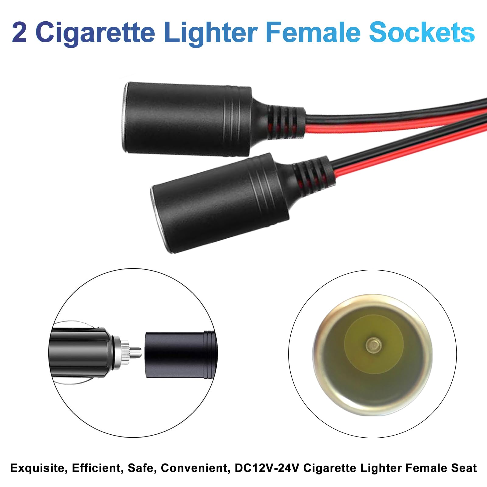 RWUJILONG 12V Cigarette Lighter Splitter Adapter - 2 Socket 1.25FT, 20A Fuse, Black Bakelite, for Car Power Charging