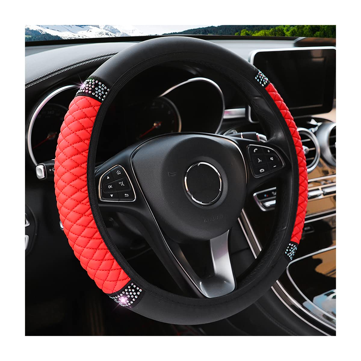 Bling Leather Steering Wheel Cover, Colorful Rhinestones Elastic Steering Wheel Protector, Pu Soft Leather With Crystal Diamond, Sparkling Car Accessories For Most Cars (Red)