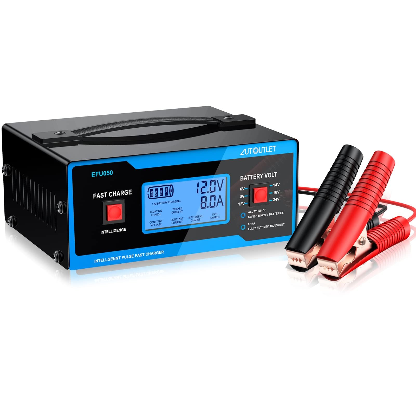 AUTOUTLET 8V Automotive Battery Charger & Maintainer, 0-10A, Upgraded Cable Clamps, Blue, Model EFU051euITE