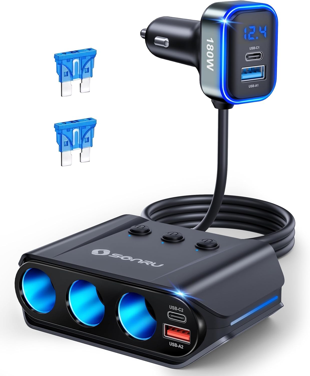 7 in 1 Cigarette Lighter Splitter, SONRU 180W (max 192W) 3-Socket Car Cigarette Lighter Adapter with Dual PD 36W/QC3.0 Fast Char