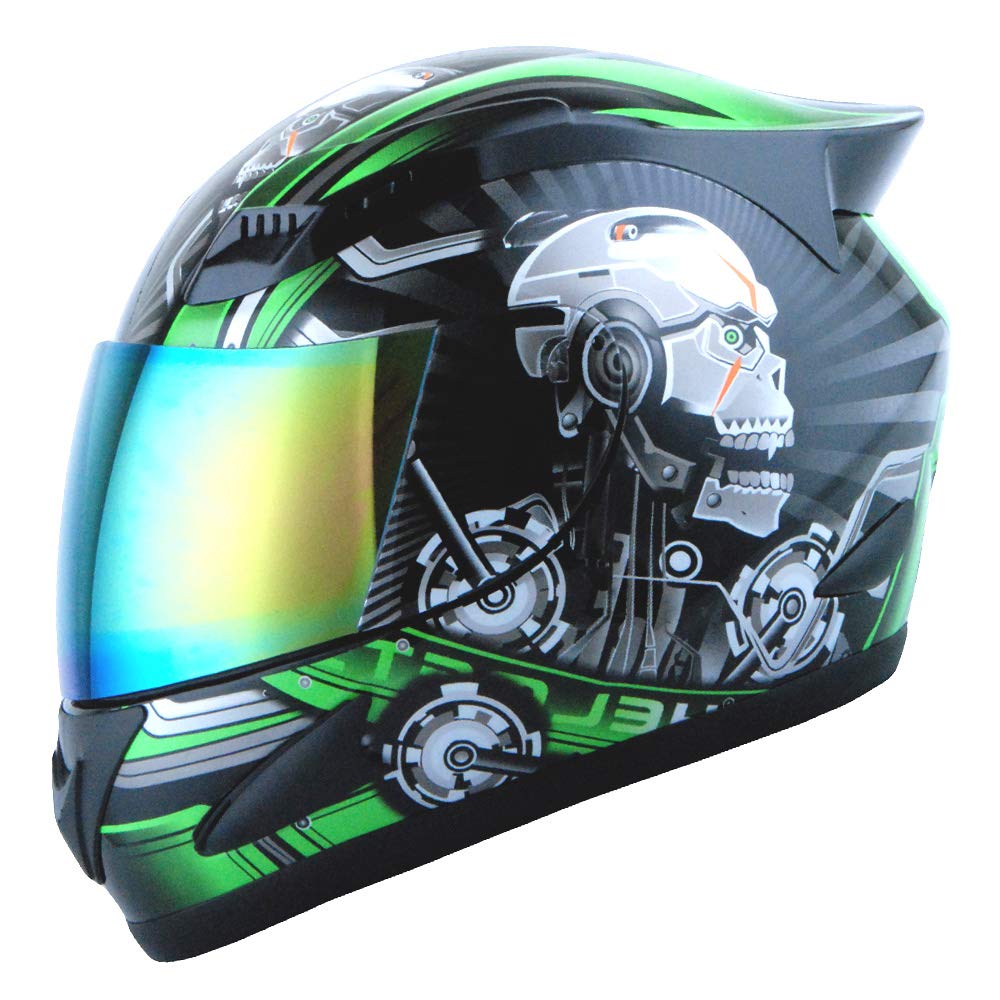 1Storm Motorcycle Bike Full FACE Helmet Mechanic Skull - Tinted Visor Green Size XL (59-60 CM 23.2/23.4 Inch)