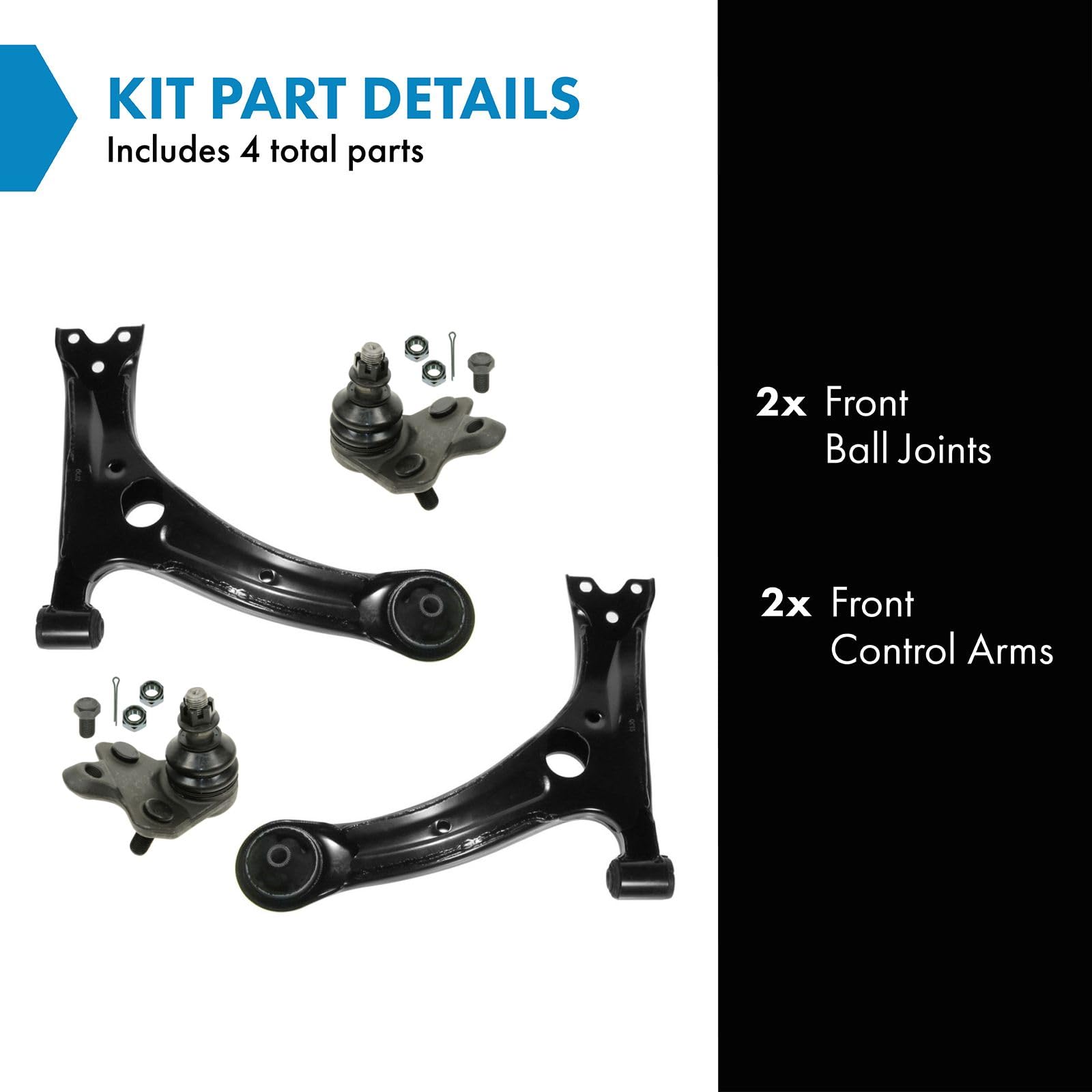 TRQ Control Arm and Ball Joint Set, 4 Piece for 2003-2008 Pontiac Vibe & Toyota Matrix, 2009-2013 Corolla, Black, Model PSA62731