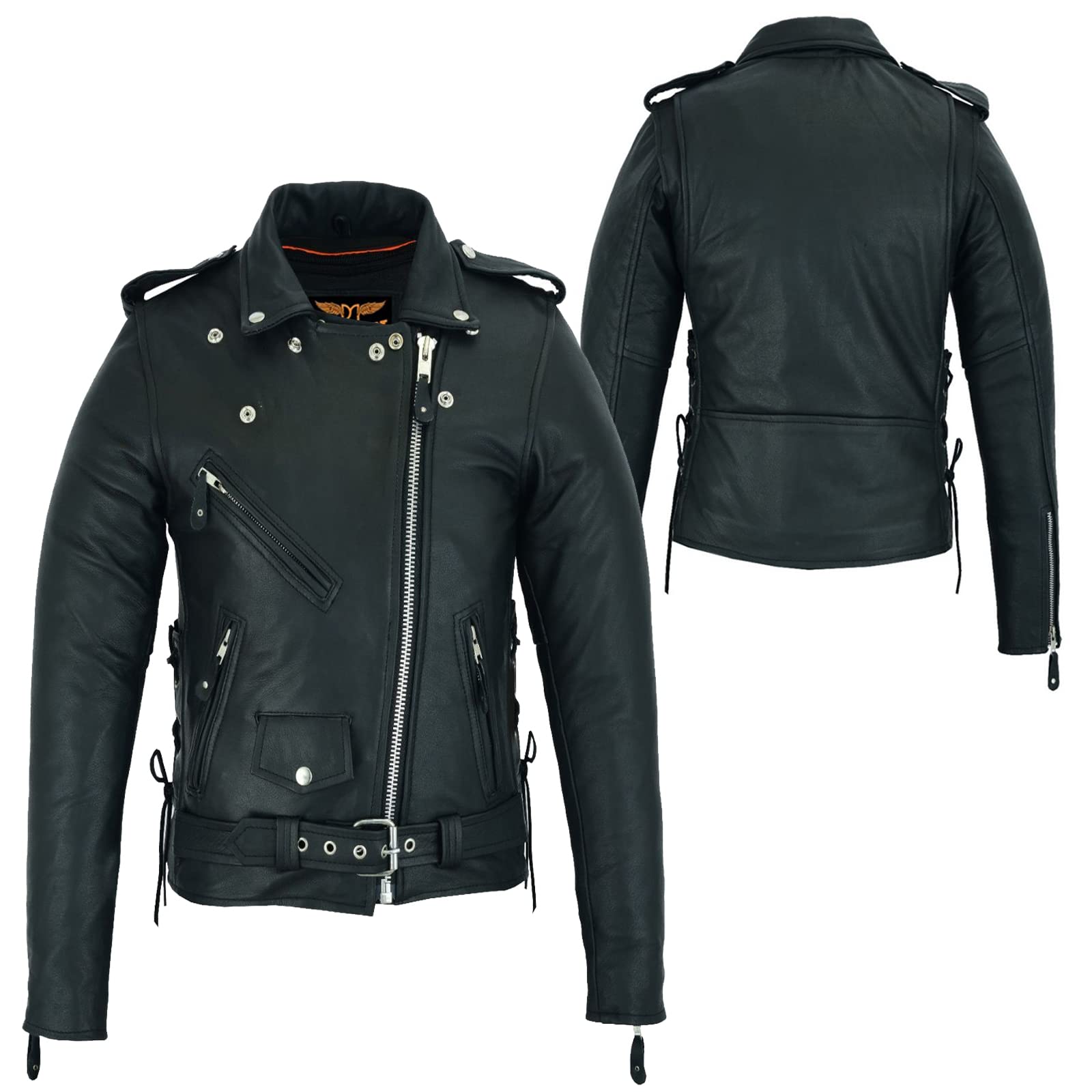 Dream Apparel Women’S Classic Leather Motorcycle Jacket With Zip Out Lining, Biker Jacket For Ladies With Side Laces (Black, Size 3Xl)