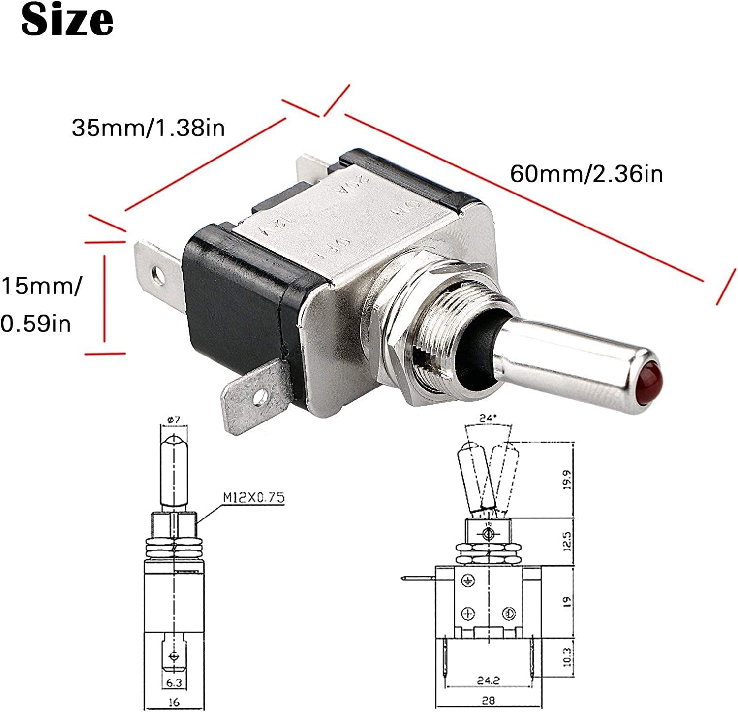 Linkstyle 12V LED Toggle Switch - Waterproof SPST 20A ON/OFF Rocker Switch for Car, Marine, RV - 5PCS, Red, Metal