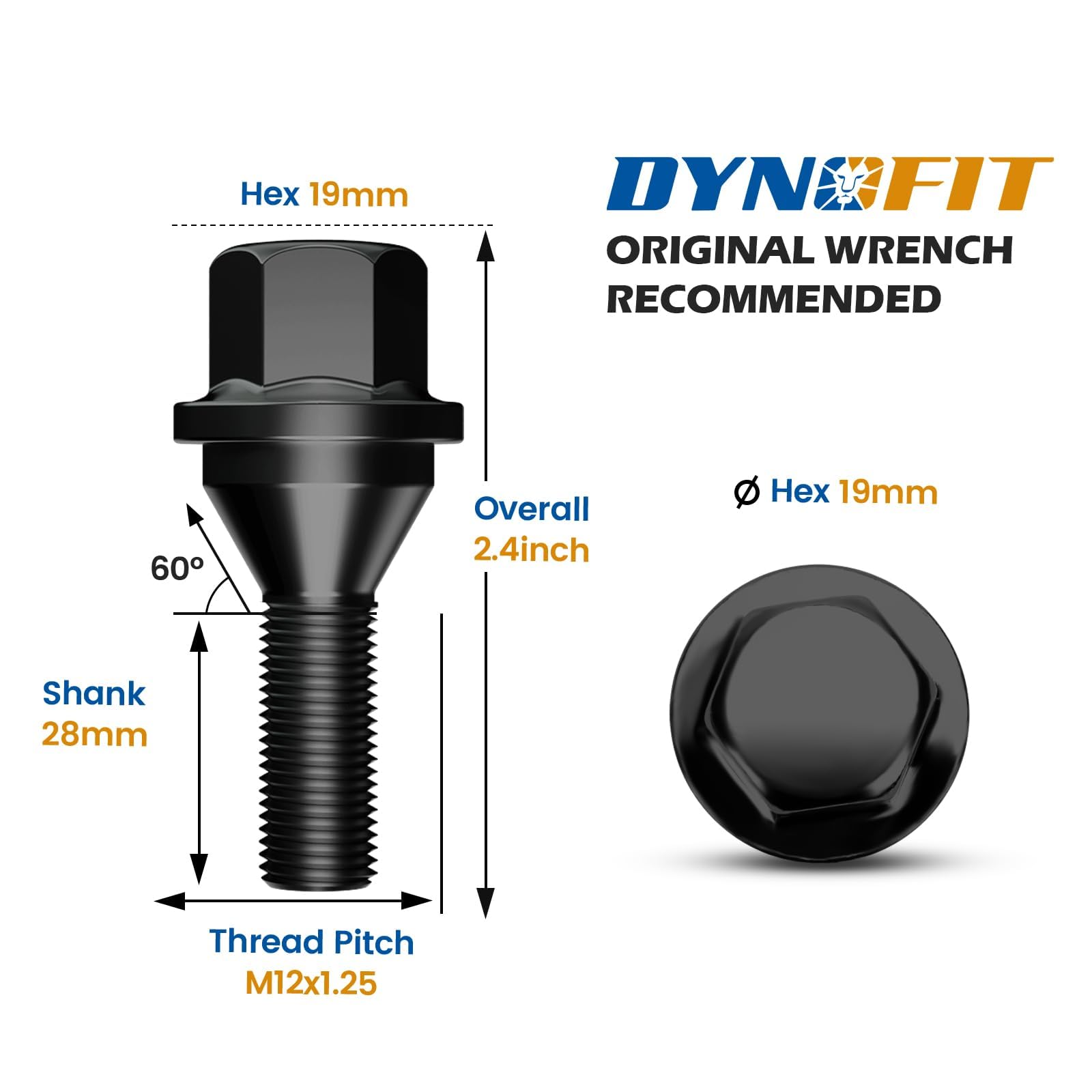 dynofit OEM Wheel Lug Bolts Set, 20pcs Alloy Steel, 19mm Hex, 28mm Shank, Black, Compatible with Jeep Compass, Cherokee, Dodge Dart