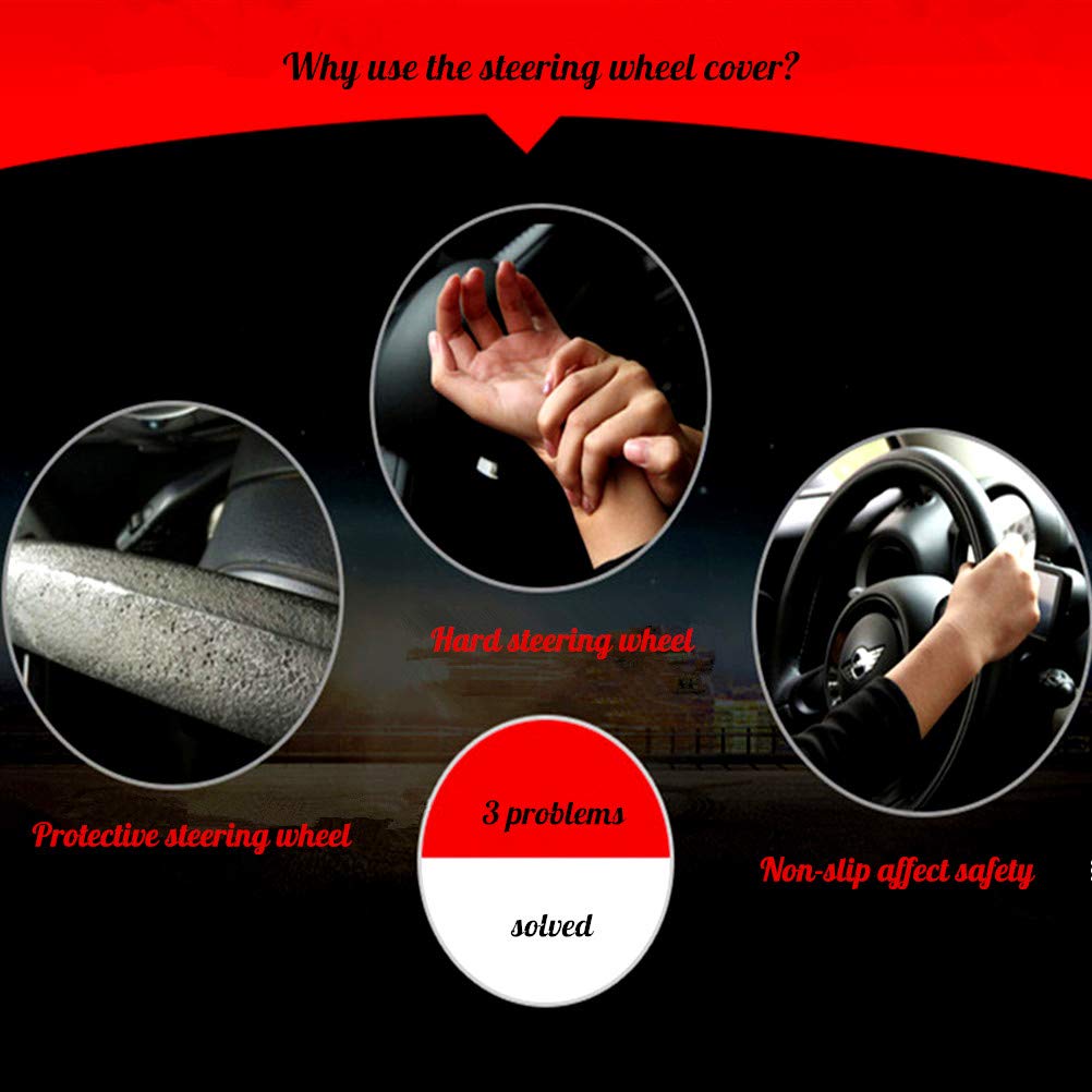 Red Rain Leather Steering Wheel Cover, Universal 15.5inch, Brown Cowhide, Size L
