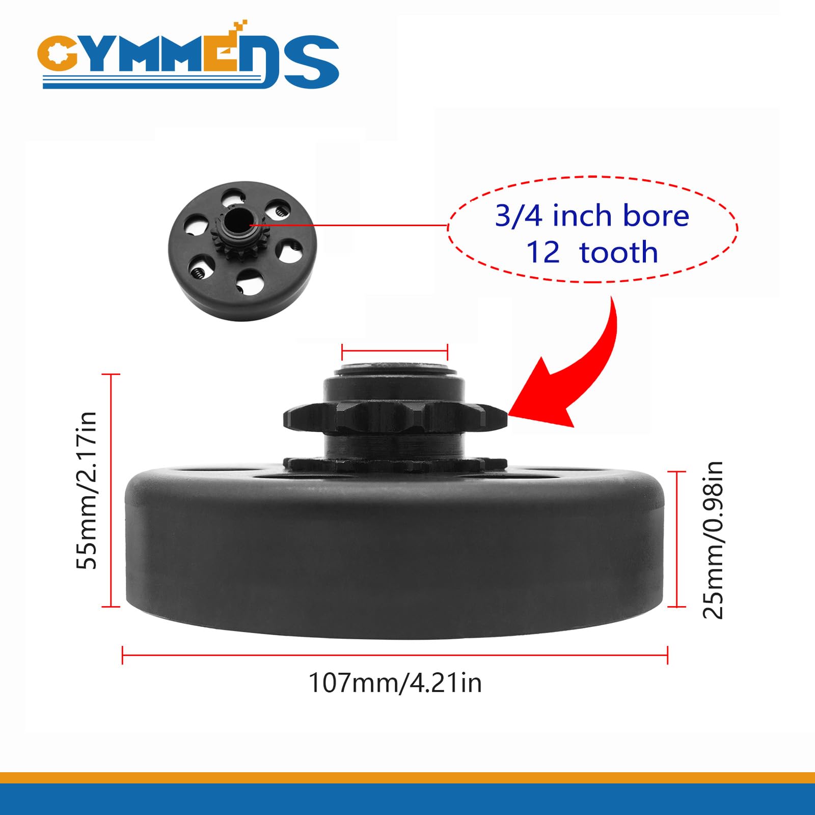 GYMMEDS Centrifugal Clutch 3/4" Bore 12 Tooth for #35 Chain - Steel, Fits 212cc Predator, Honda GC/GX, Includes Bolt & Washer Kit