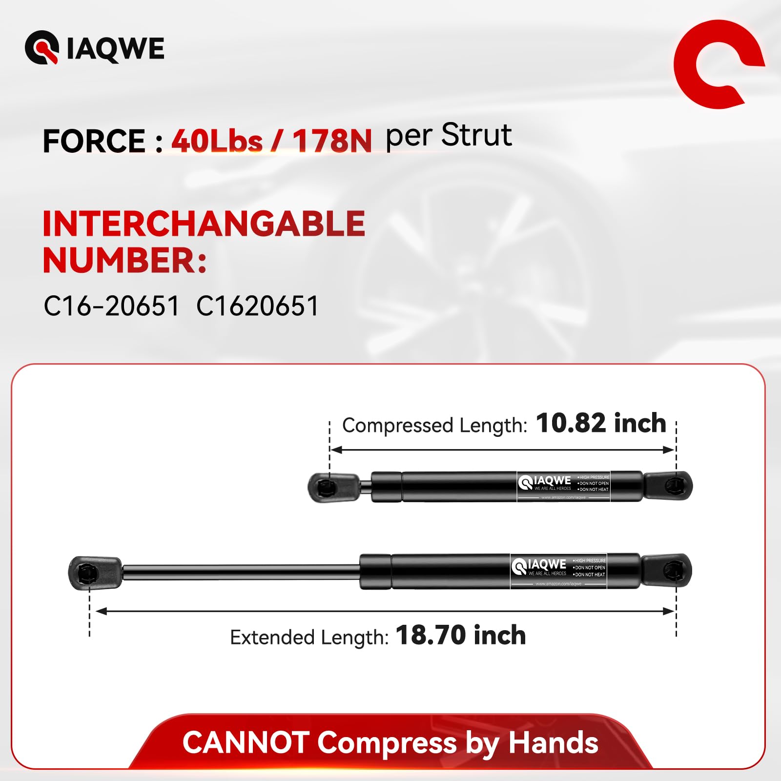 IAQWE Gas Struts for Truck Cap Window, 19" Metal Lift Springs, Black, Model C16-20651, 40Lbs, 2 PCS