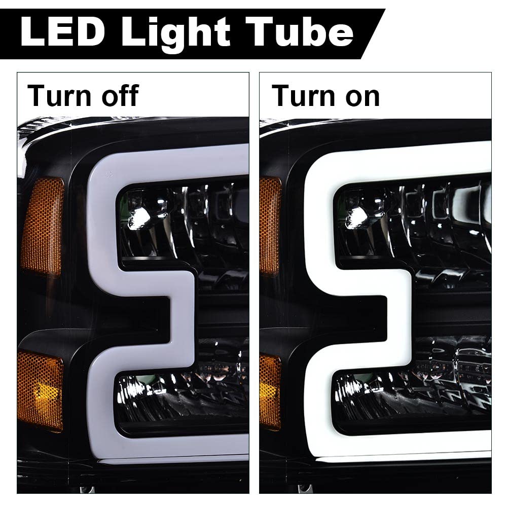 CHEDA LED DRL Headlights Assembly for 2005-2007 Ford F250 F350 F450 F550, Clear Lens Black Housing Amber Reflector, Model 02HLA1220BB