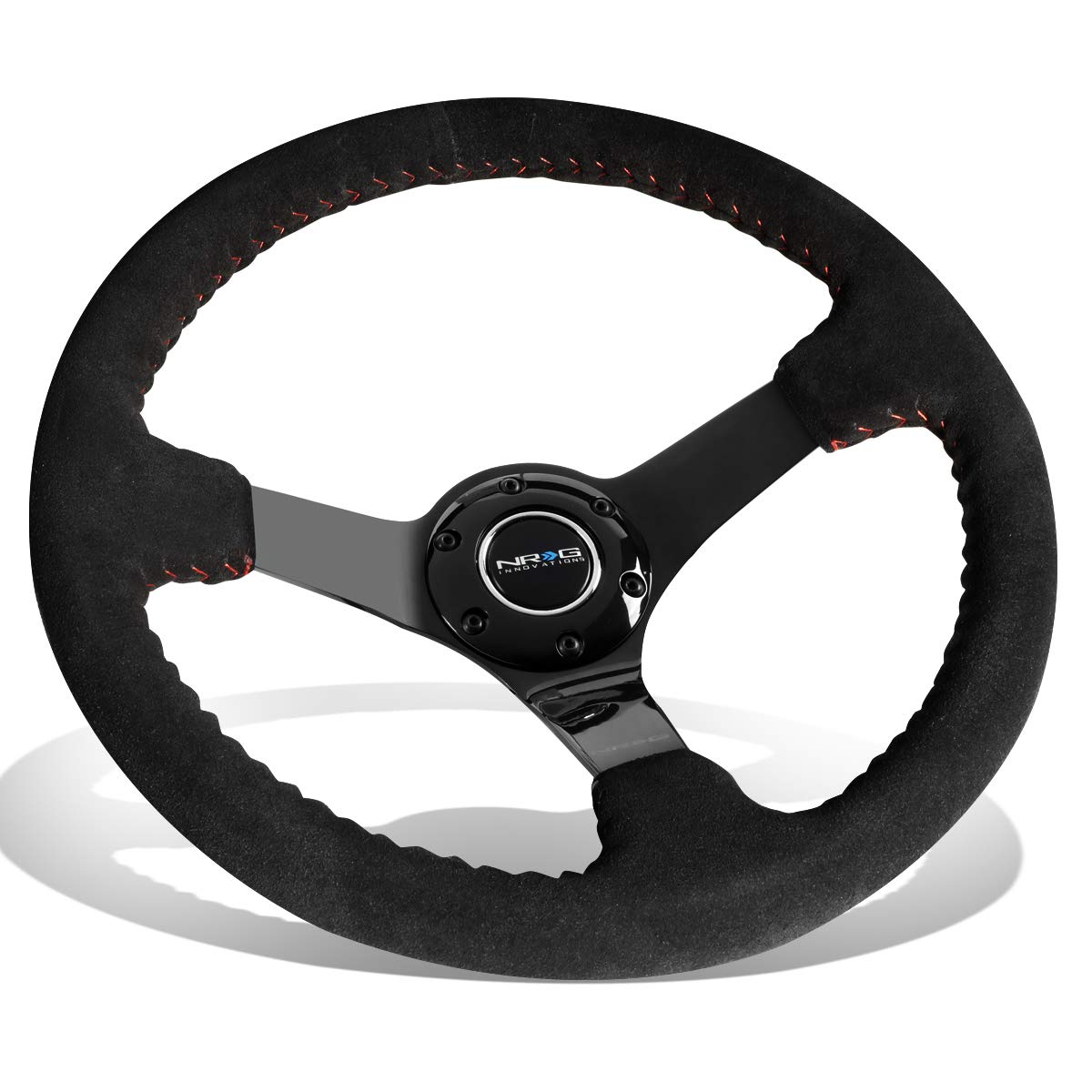 NRG Innovations RST-036BK-S Race Style 350mm Sport Steering Wheel (3 deep) Black Suede with Red Baseball Stitching Black spoke