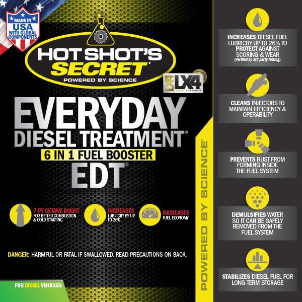 Hot Shot's Secret Everyday Diesel Treatment 32oz - 6-in-1 Fuel Additive, Injector & Fuel System Cleaner, Amber Plastic