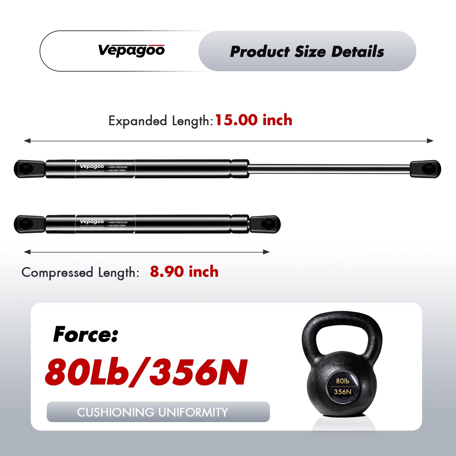 Vepagoo C1618827 15 Inch 80Lb/356N Gas Shocks Struts Lift Support For Truck Tool Box Leer Camper Shell Topper Rear Window, Cargo