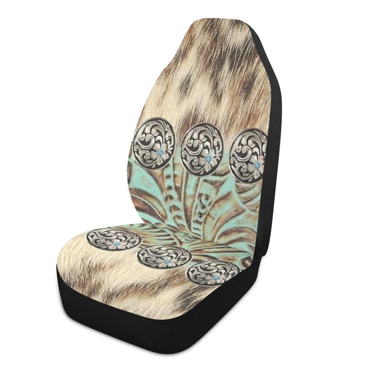 LONSANT Western Car Seat Covers Set of 2, Teal & Rustic Brown, Polyester, 18.8"x51.9", Universal Fit for Cars & Trucks