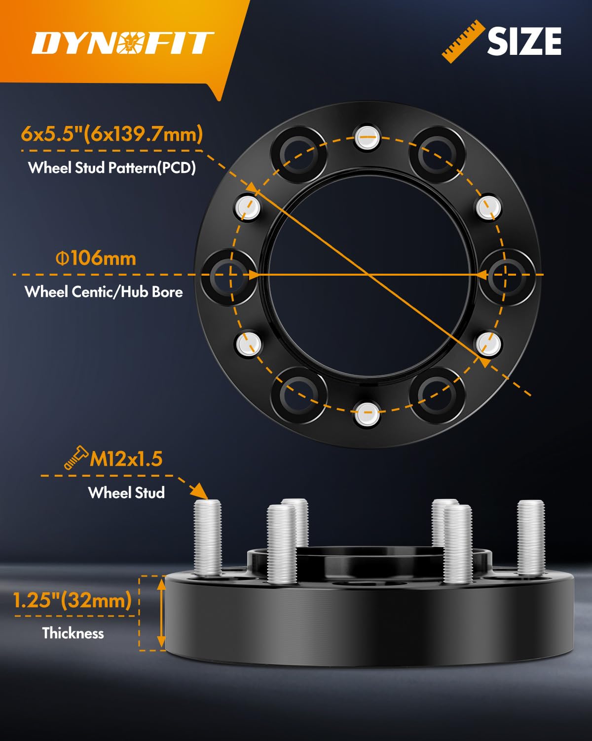 Dynofit 6X5.5 Wheel Spacers 1.5 Inch For Toyota Tacoma/4Runner/Fj Cruiser, 106Mm Hub Centric M12X1.5 Forged Spacers With Extende