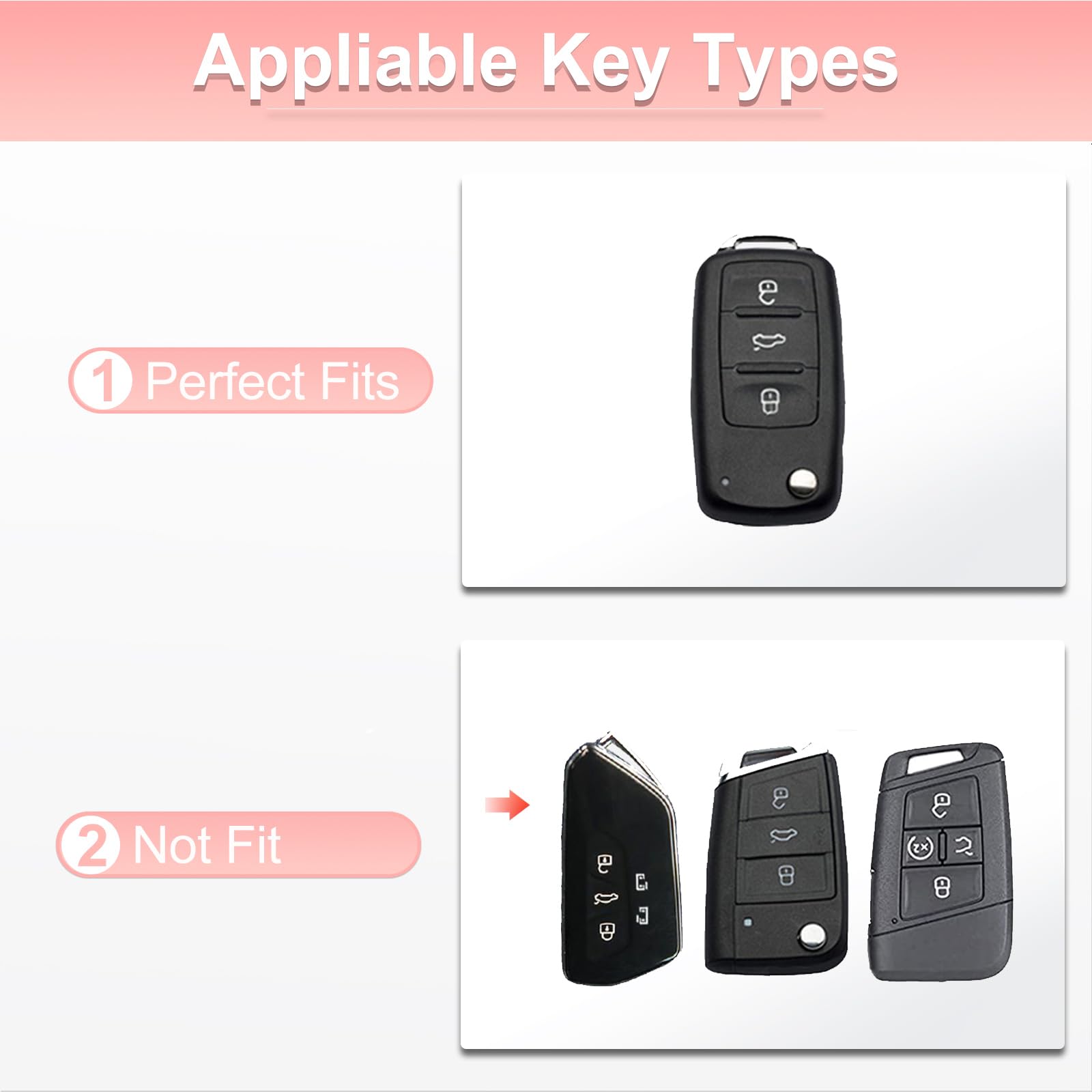 Pangpai Pink Car Accessories - 3 Pcs Key Fob Cover & Bling Keychain for VW Jetta Golf Polo MK6 Passat Tiguan Beetle, Soft TPU, Zinc Alloy