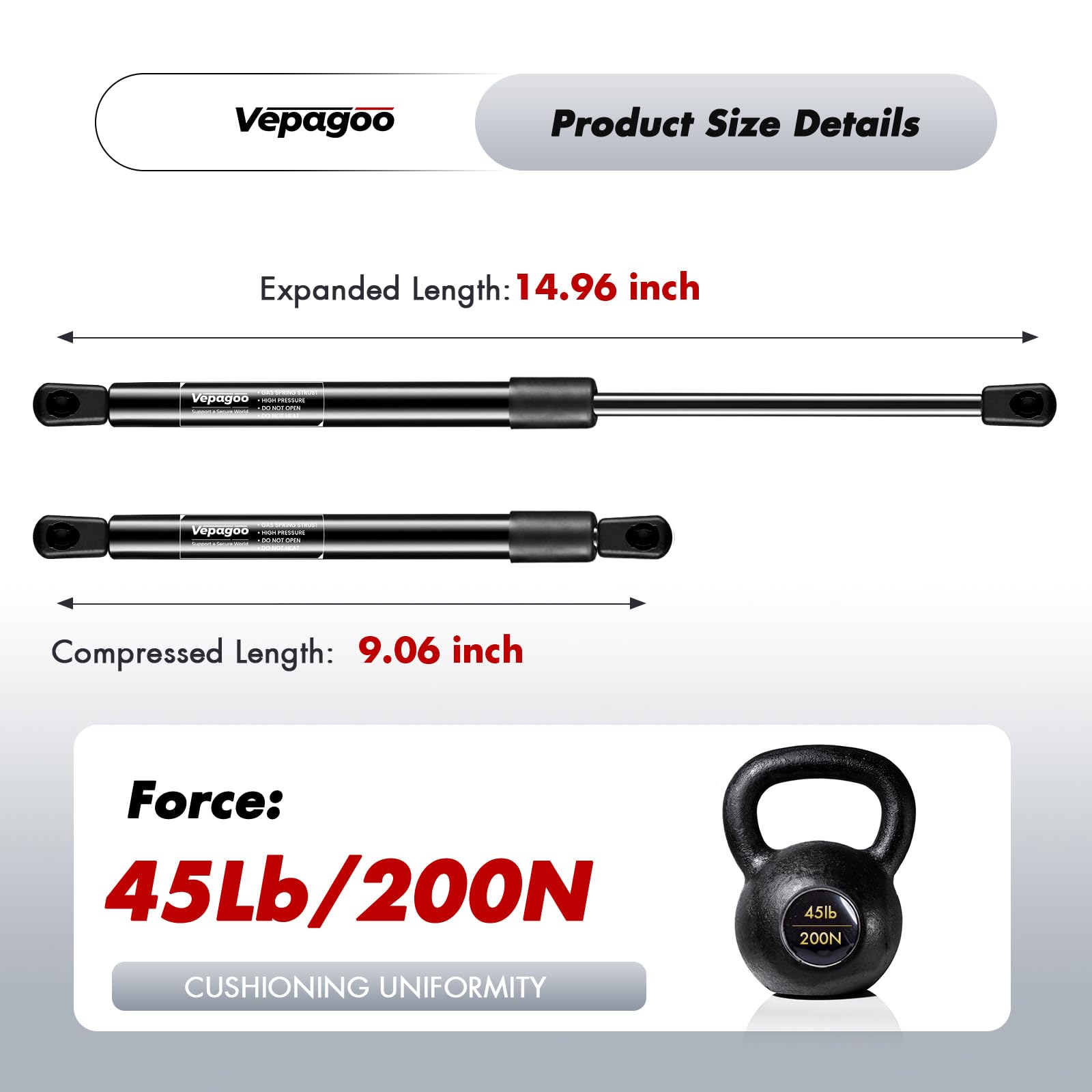 Vepagoo C16-23933 15 Inch 45Lb/200N Gas Shocks Struts Lift Support For Camper Topper Shell Rear Window, Truck Canopy Cap Cover,