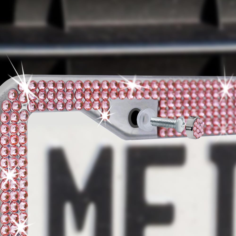 Pink Bling License Plate Frame Kit, lyfLux Stainless Steel Sparkly License Plate Frame with 4 Pink Sparkly Valves for Girls, Wom