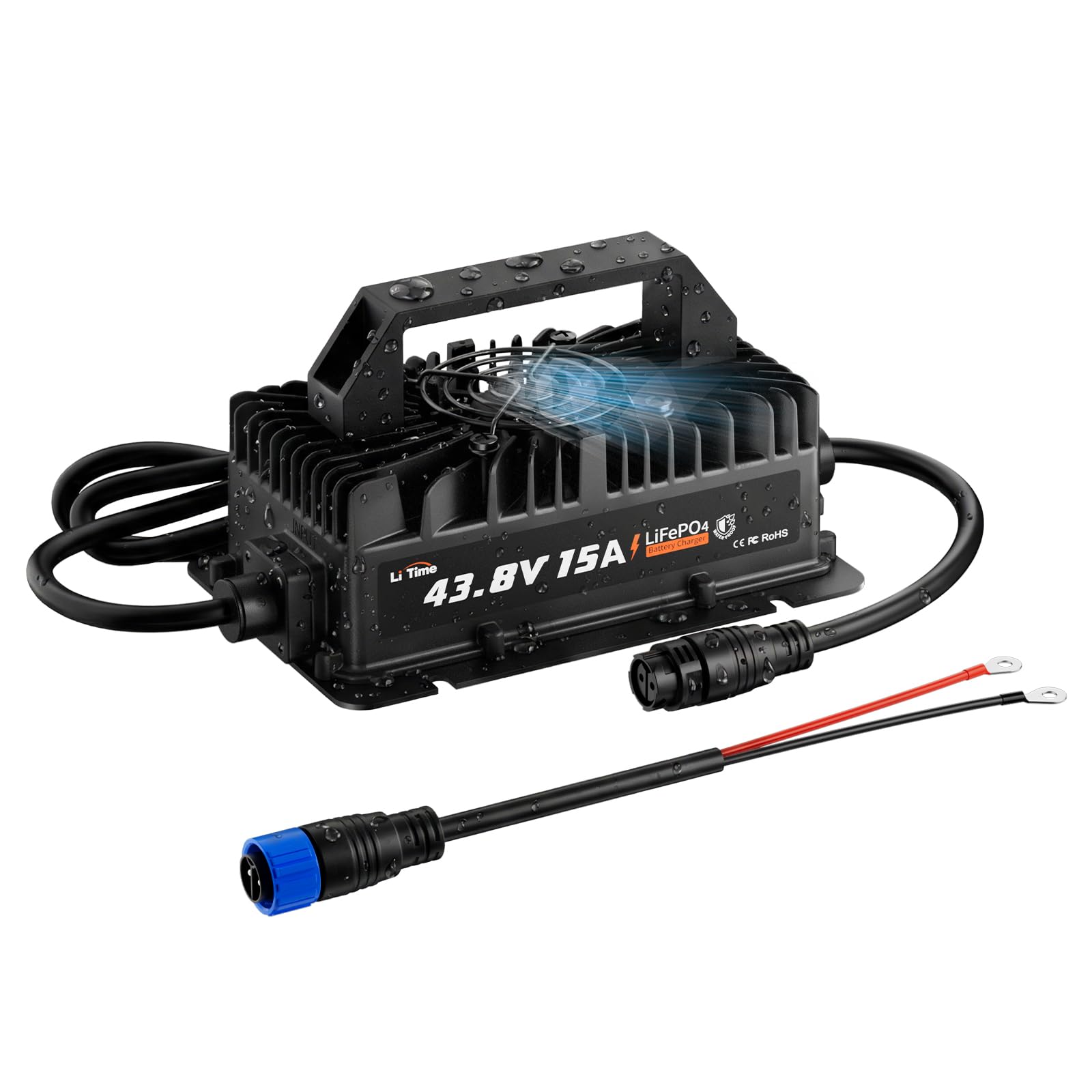LiTime 36V (43.8V) 15A Lithium Battery Charger, IP66 Waterproof AC-DC LiFePO4 Battery Charger Support 0V Wake Up, Overcharge & H