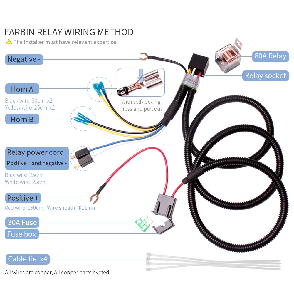 Farbin Horn Wiring Harness Relay Kit For Car Truck 80A 4Pin Spst Normally Open (Relay 4 Pin Double Horn Wiring Harness, 12V)