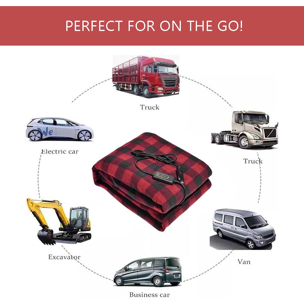 Amazingforless Plaid 12V Heated Fleece Car Blanket With Controller For Timer & Heat Levels Plaid Electric Car Blanket (Green Plaid)