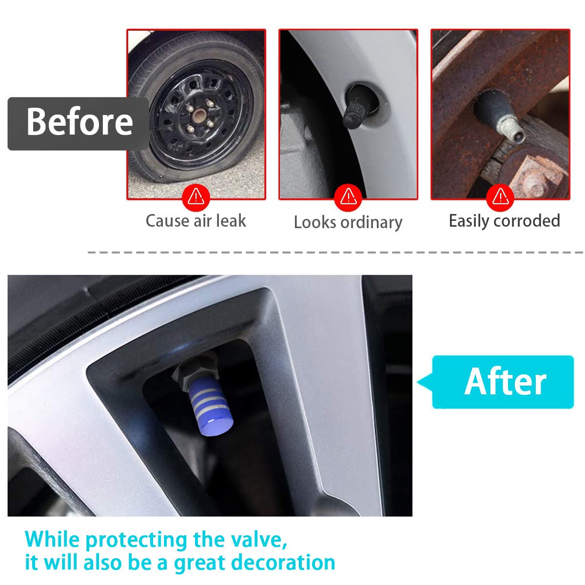 Tire Valve Stem Caps, 12 Pcs Dustproof Corrosion-Proof Premium Metal Rubber Seal Tire Valve Caps, Universal Fit For Cars, Suvs, Bike And Bicycle, Trucks, Motorcycles (Blue/Silver)