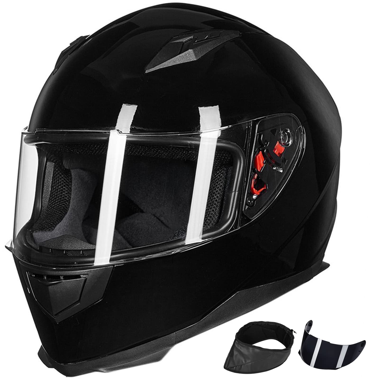 Ilm Full Face Motorcycle Street Bike Helmet With Removable Winter Neck Scarf + 2 Visors Dot Model-Jk313 (M, Gloss Black)