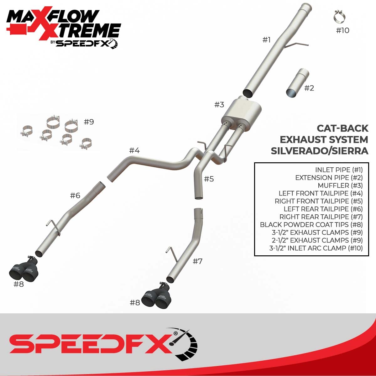 Speed FX MaxFlow Xtreme Cat Back Exhaust System for Silverado/Sierra 1500 2019-2021, Stainless Steel, Silver, Model 50102