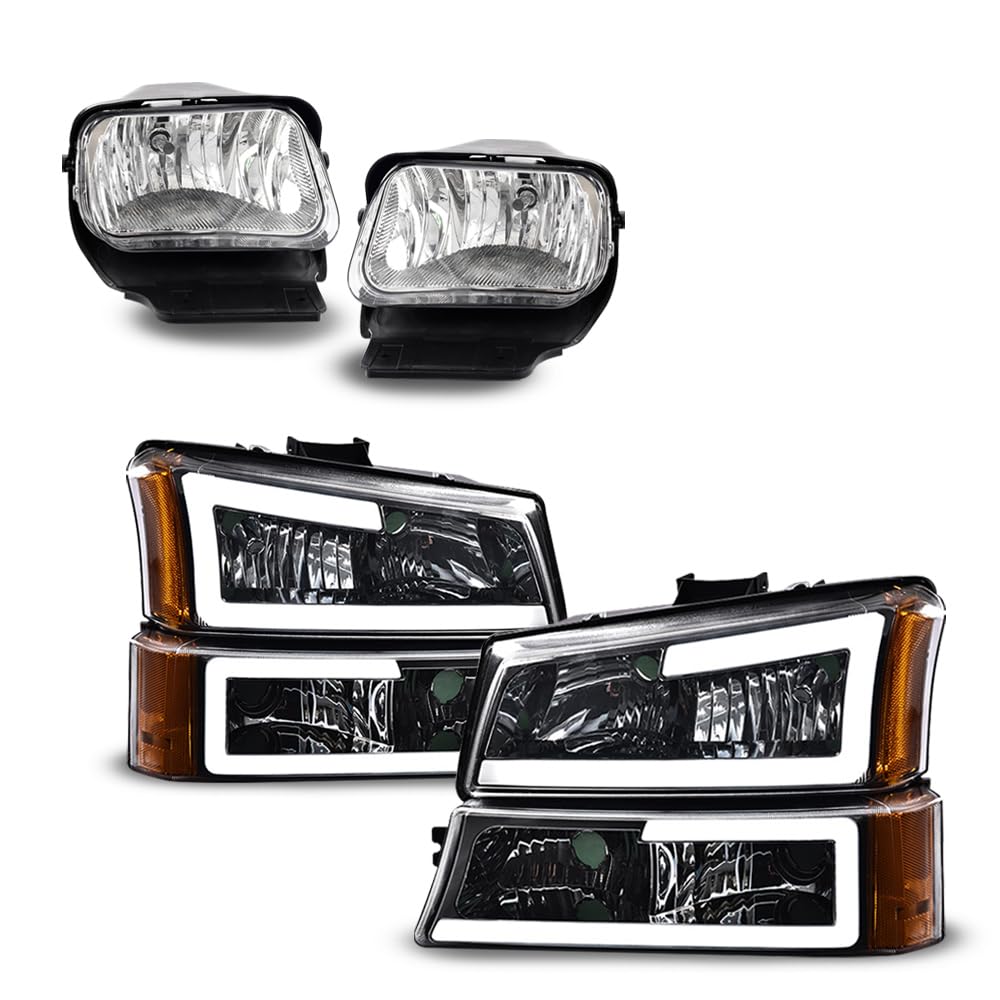 PIT66 Front Left & Right LED Headlight Assembly + Fog Lights Fit Chevy Silverado Avalanche 2003 2004 2005 2006 Clear Lens 151995