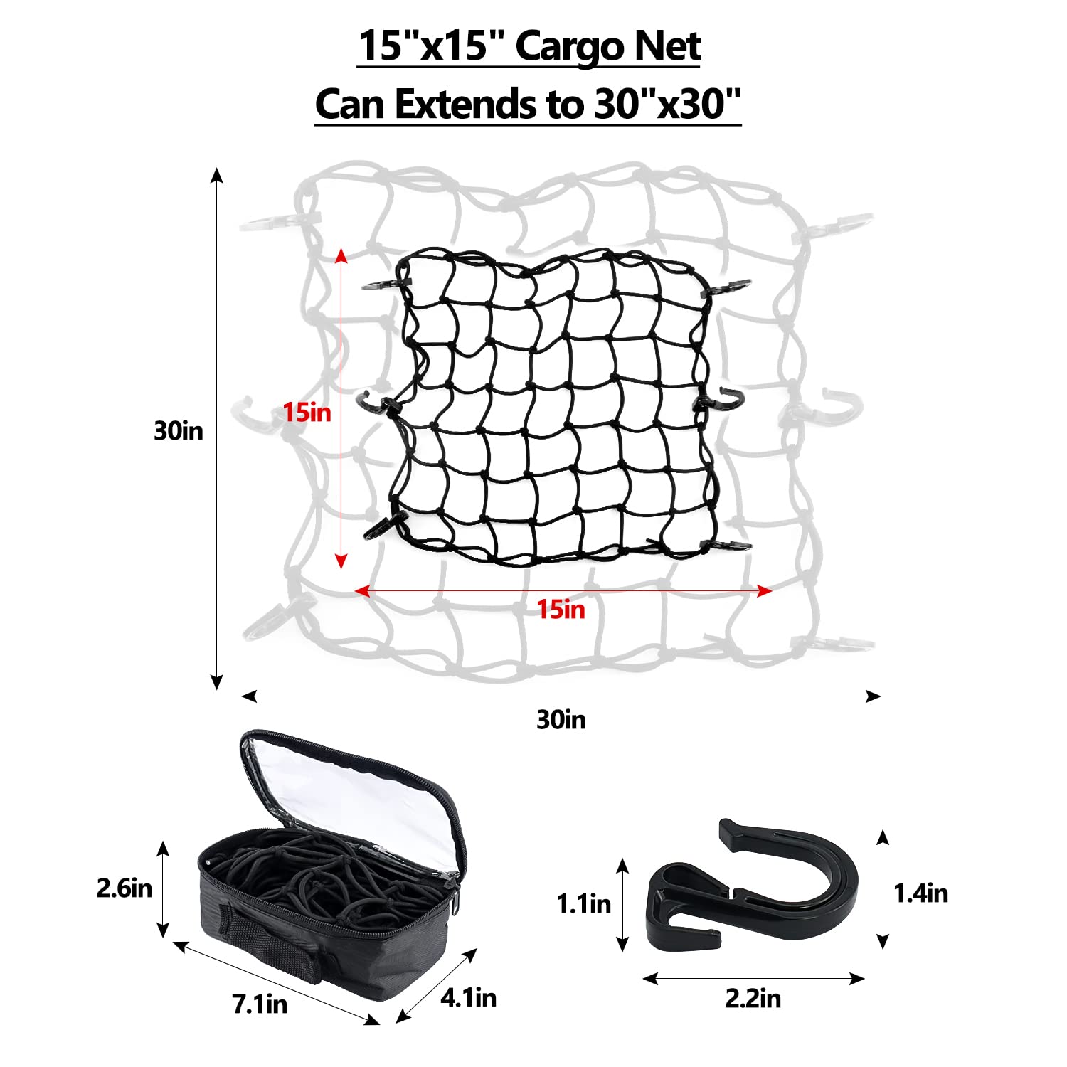 15''X15'' Universal Truck Bed Net Black Latex Bungee Cargo Net Extends To 30''X30'' With 6 Adjustable Hooks & Tight 2''X2'' Mesh