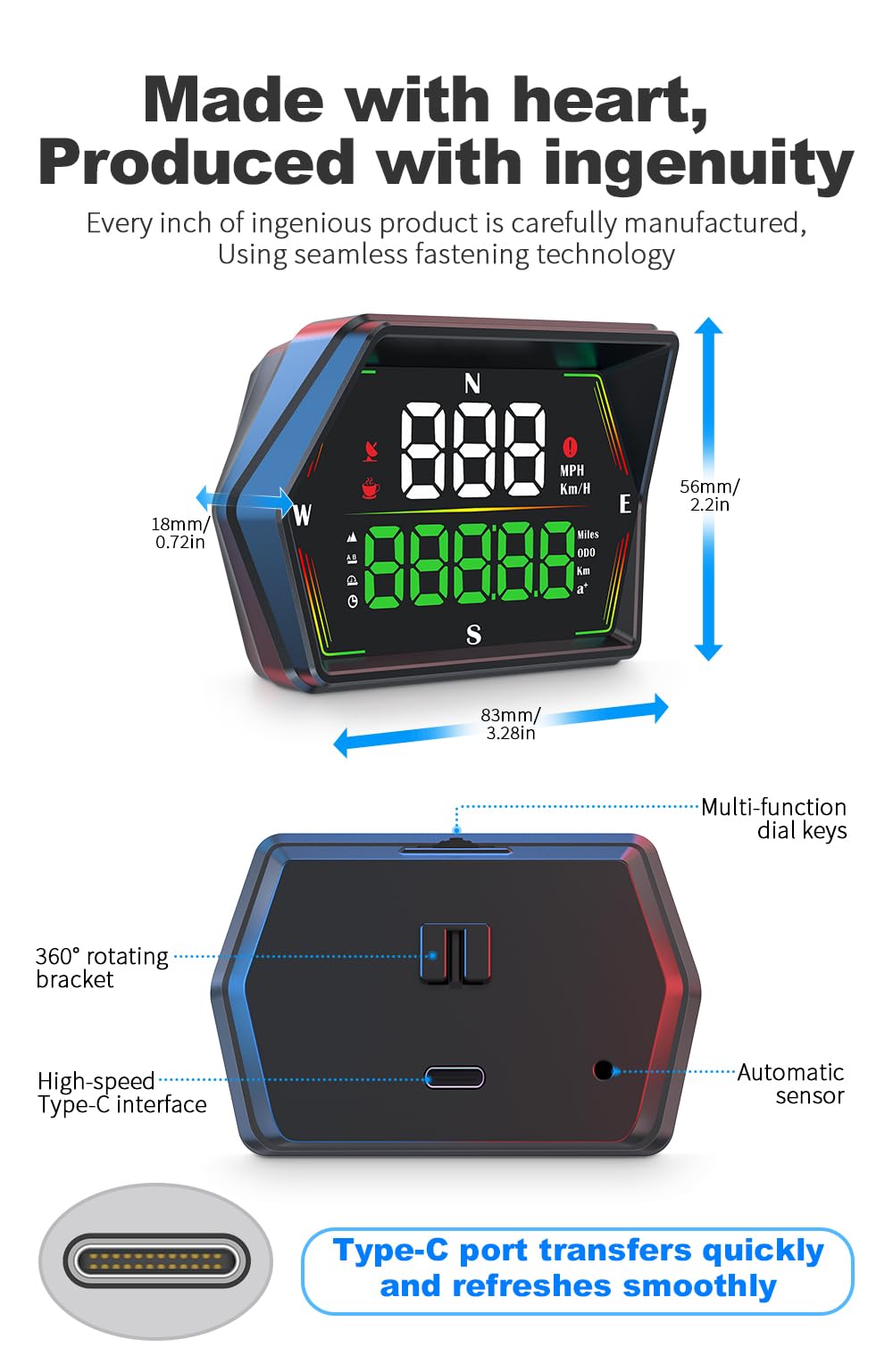 HUD Heads Up Display for Cars 2025 New Universal Digital GPS Speedometer LED Display with MPH Speed Compass Overspeed Alarm Fati