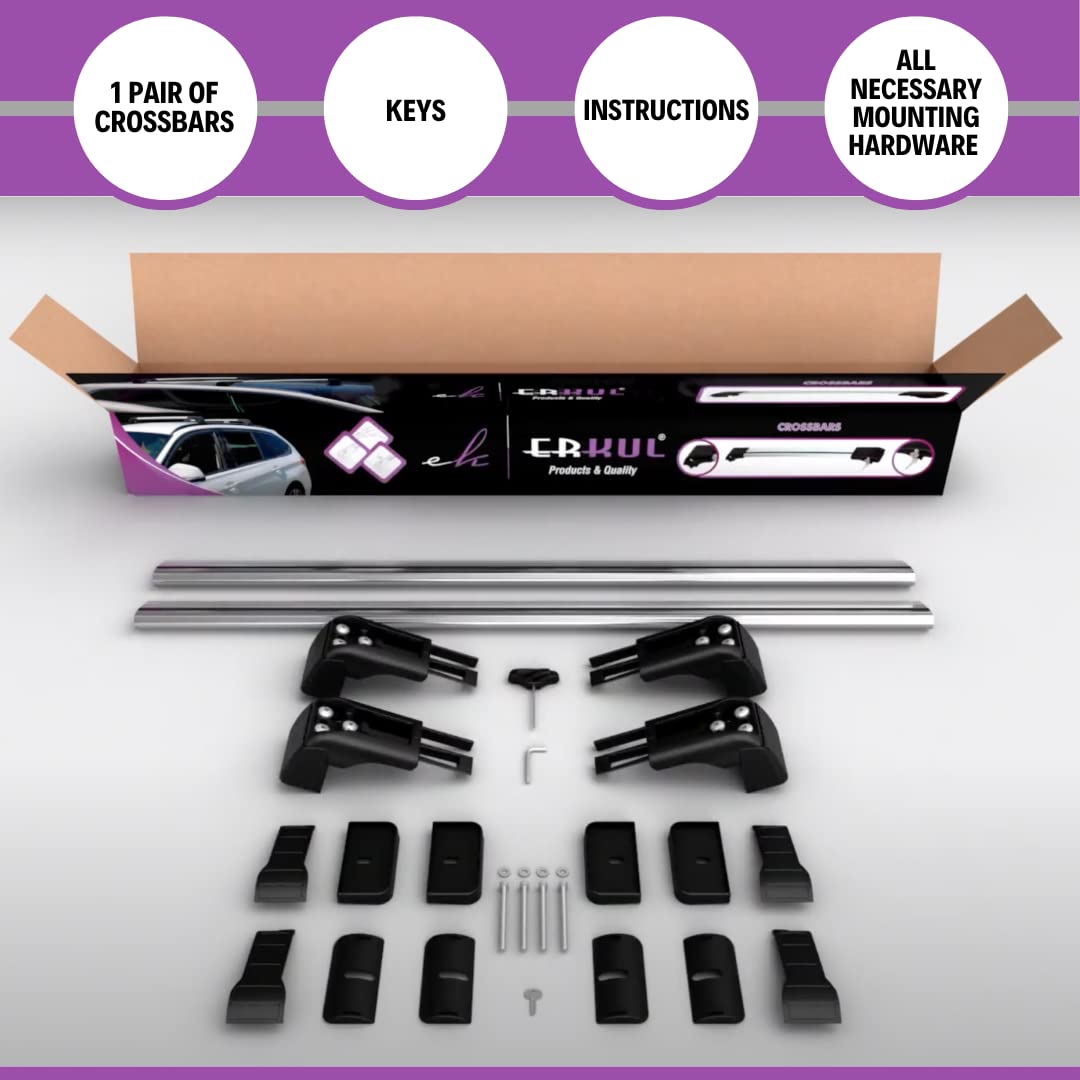 Erkul Heavy Duty 220 Lbs Roof Rack Cross Bars For Kia Soul 2020-2025 | Aluminum Crossbars With Anti Theft Lock For Rooftop | Compatible With Fixed Points Roofs - Silver