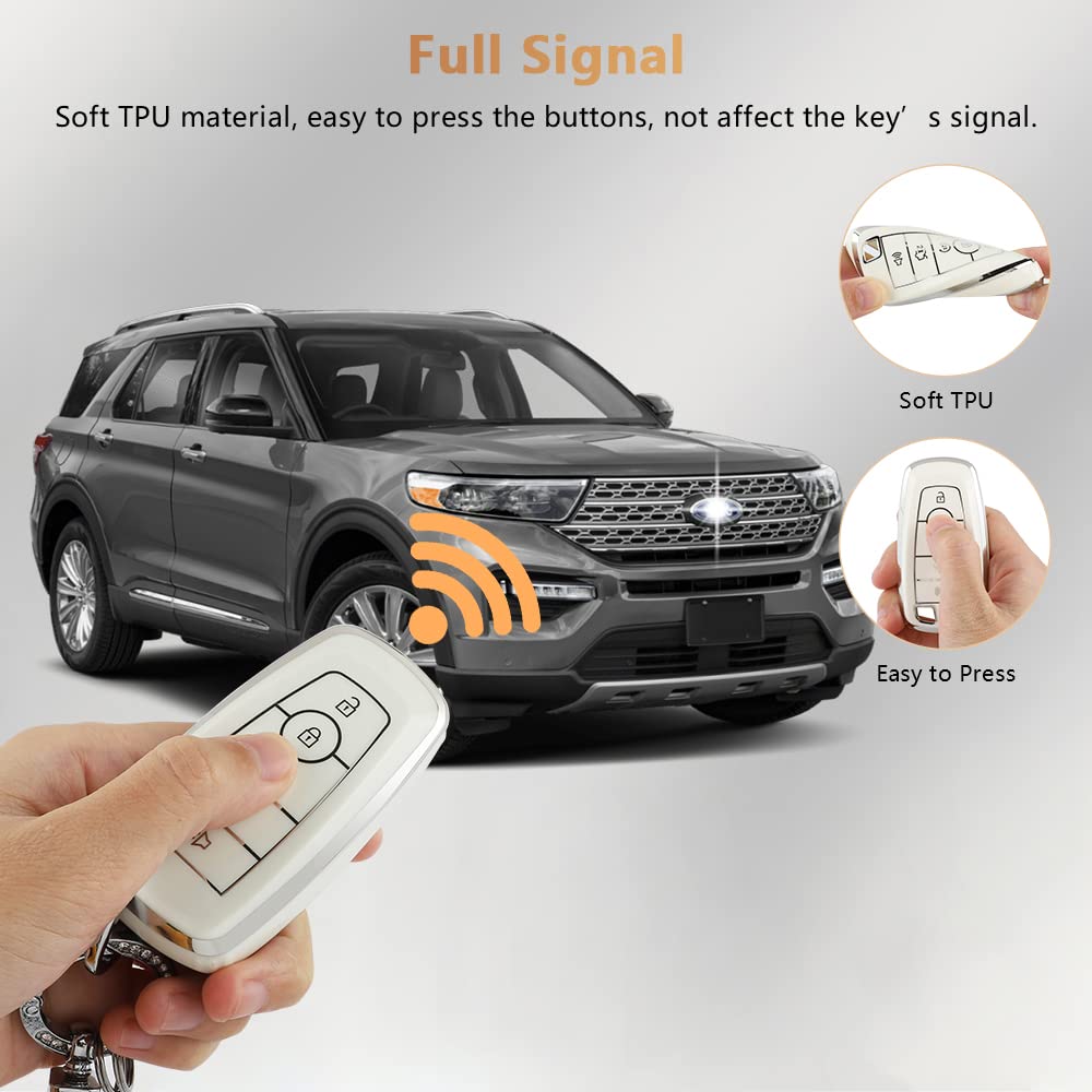 Pifoog White Key Fob Cover For Ford Bling Keychain 5 Buttons Keys Case Protector For Ford Explorer Mustang Edge Fusion Escape Expedition F150 Tpu White Silver Girly Women