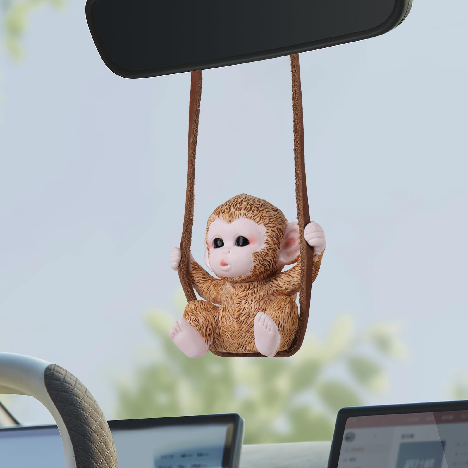 Seninda Cute Monkey Car Hanging Ornament - Funny Rearview Mirror Accessories, Swinging Animal Charm Decoration, Resin Monkey Gif