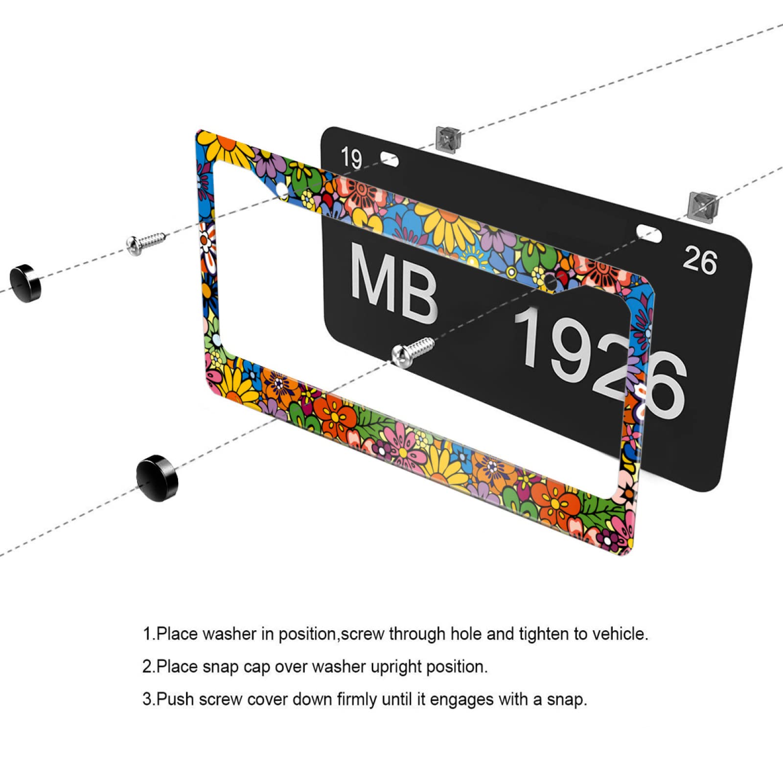 Meikosks Abstract Hippie Flowers License Plate Frame, Cute Floral Metal Aluminum Car Cover Tag Holder Frames,2 Holes with Screw