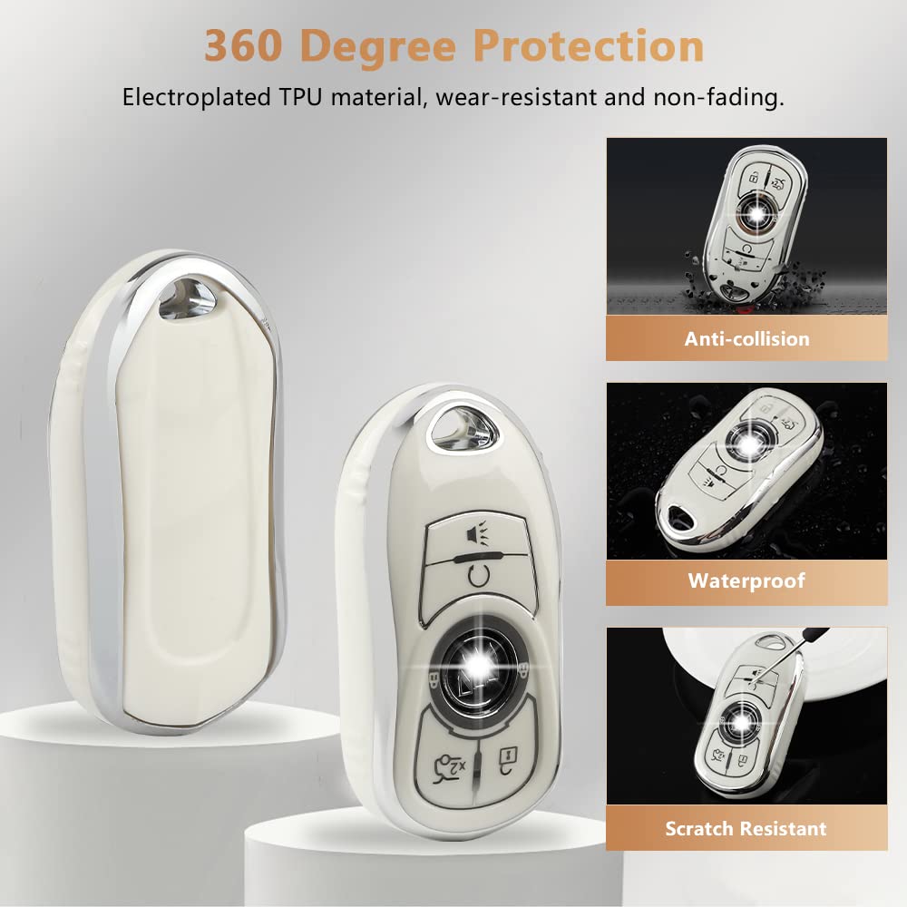 Pifoog White Key Fob Cover For Buick 6 Buttons Car Keys Shell Case Protector Soft Tpu Bling Keychain For Buick Enclave Encore Lacrosse Regal Envision Accessories Girly Women