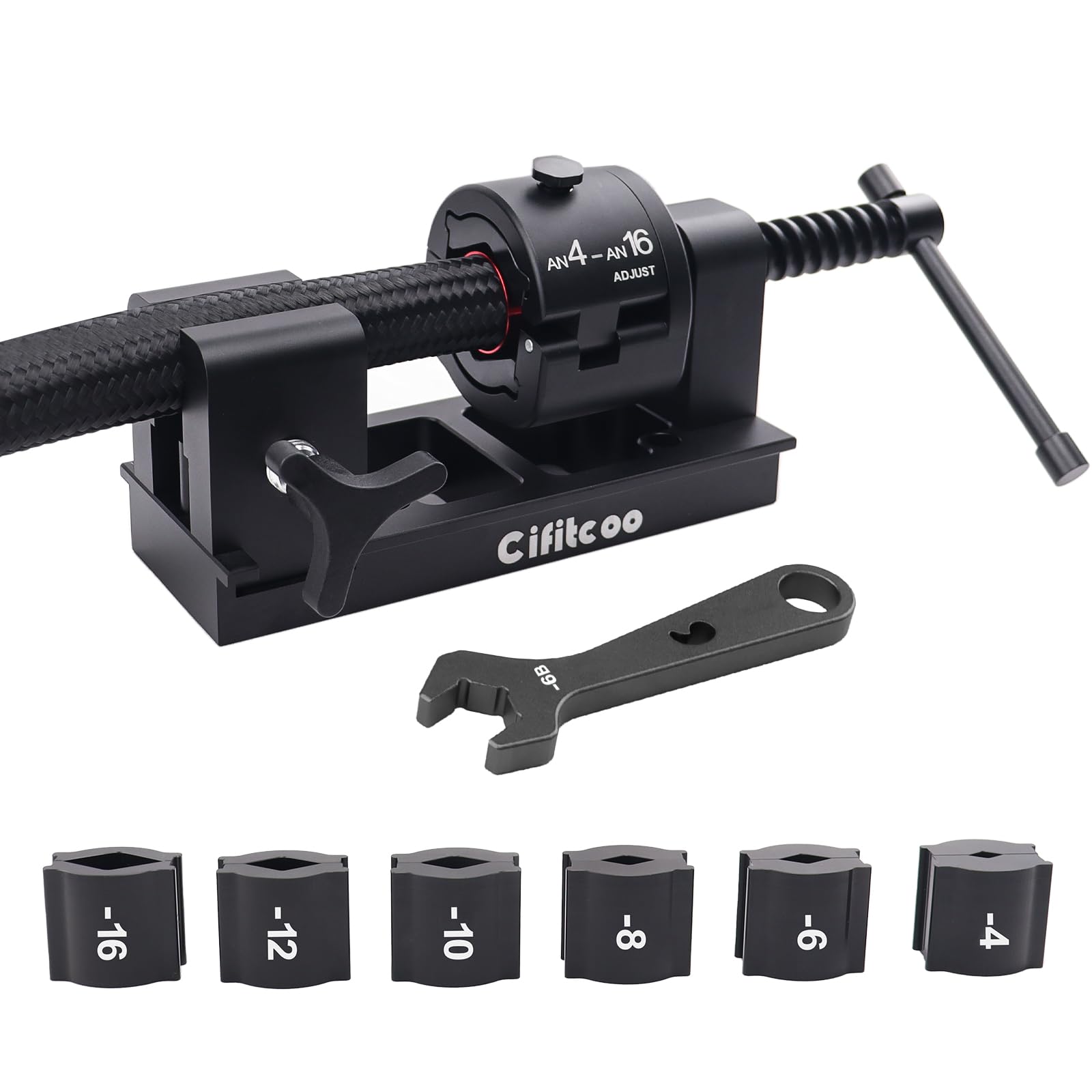CIFITCOO 4-16AN Fitting Installation Tool, AN Hose Assembly Tool with 6 Dies (4AN 6AN 8AN 10AN 12AN 16AN) for CPE Fuel Line, Adj