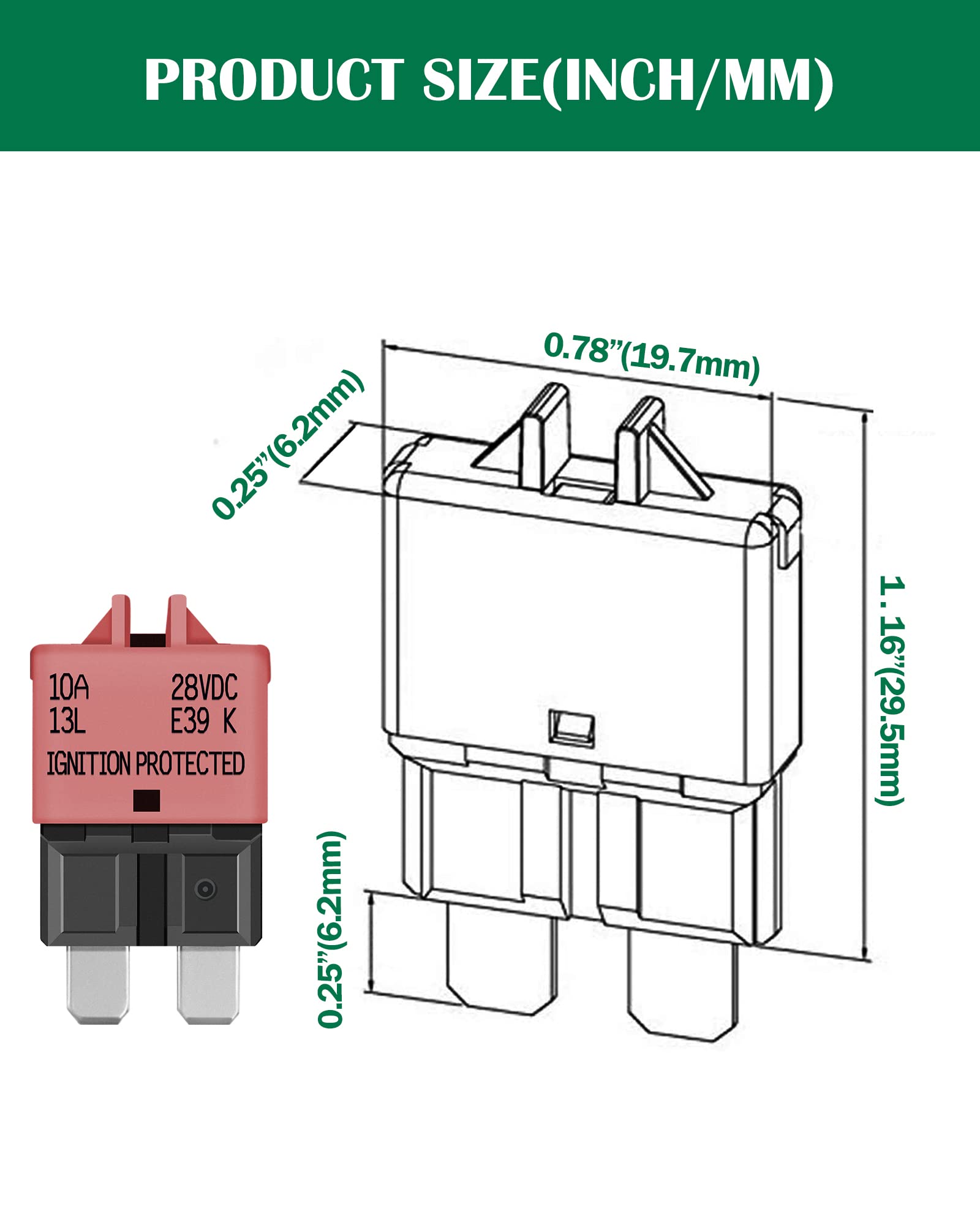 LENKRAD 10A Resettable Fuse Breaker - Low Profile ATC/ATO, 5 Pack, 12V-32V DC, Durable Plastic, Model F0162-5PK